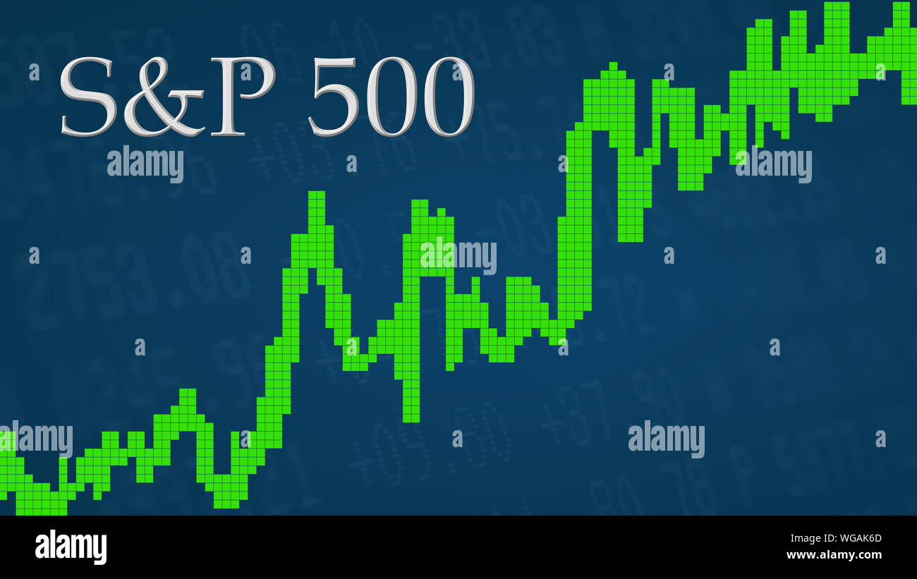 La borsa americana mercato indice S&P 500. Il grafico verde accanto al  silver S&P 500 titolo su sfondo blu è che mostra verso l'alto e Foto stock  - Alamy