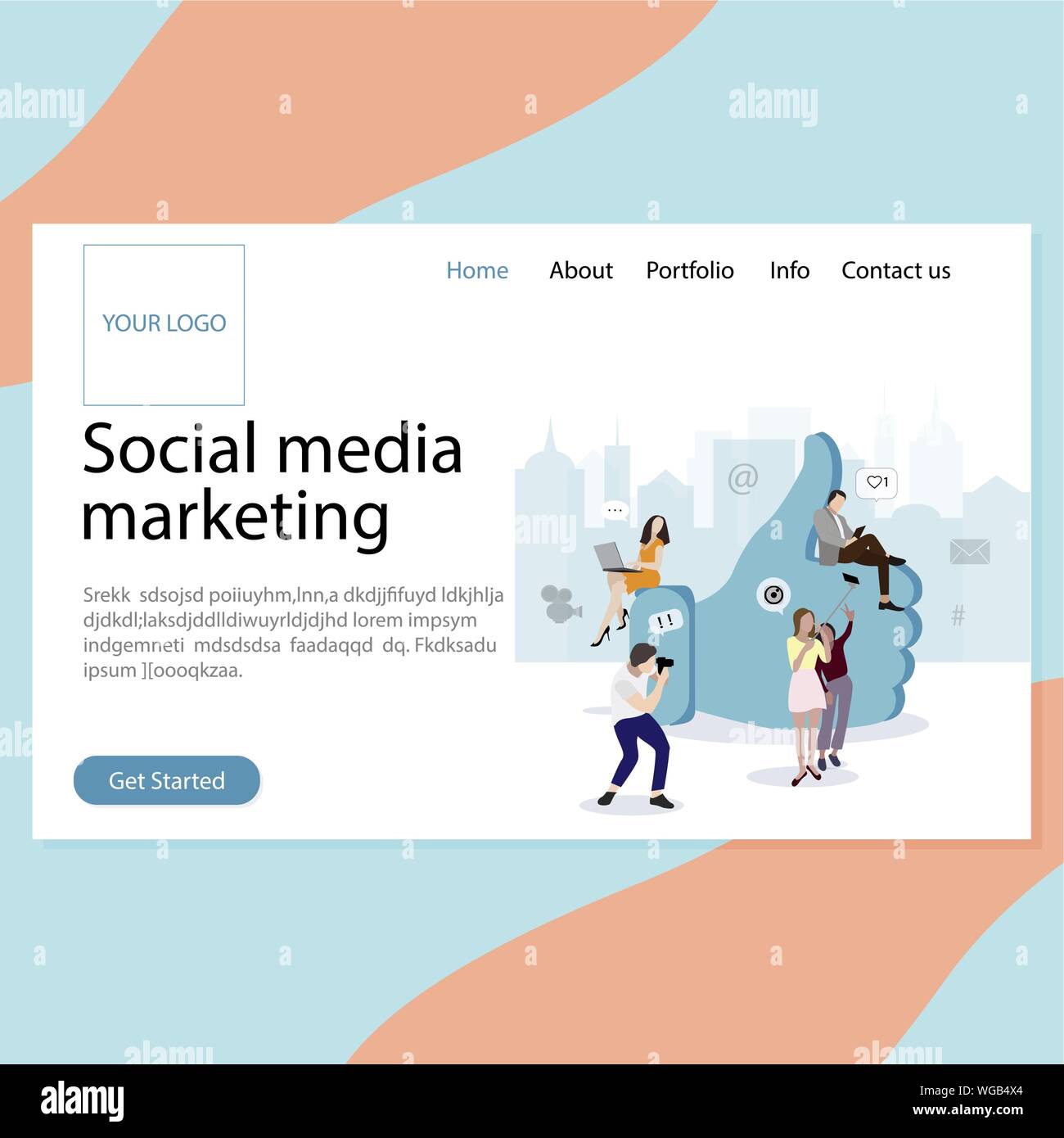 Servizio SMM landing page. Promozione sociale dei media, aumentare i seguaci dei consumatori e ama. Promozione e sviluppo business in social media networ Illustrazione Vettoriale