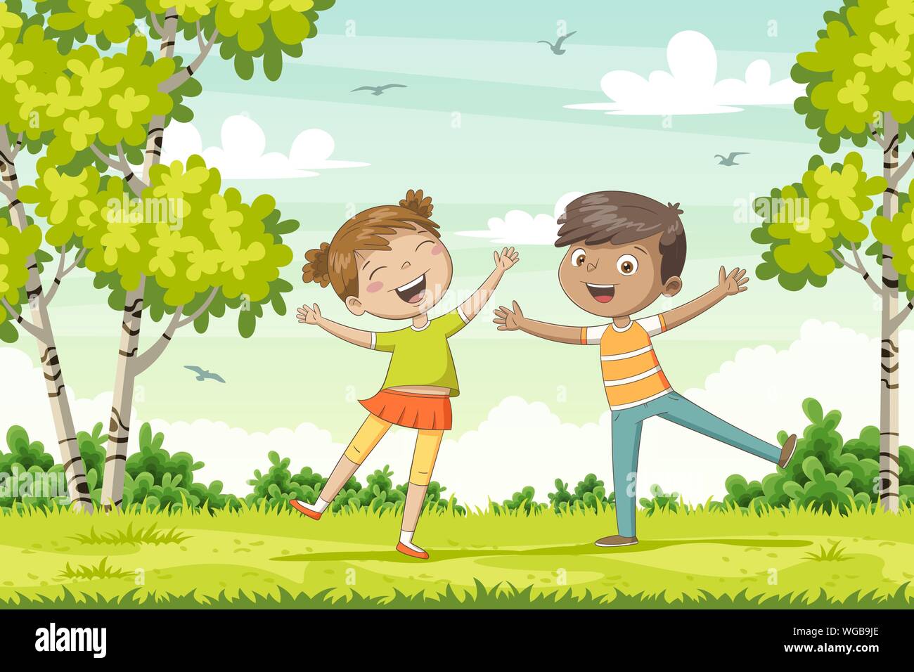 Due felici i bambini nel giardino. Funny cartoon disegnati a mano carattere. Illustrazione Vettoriale