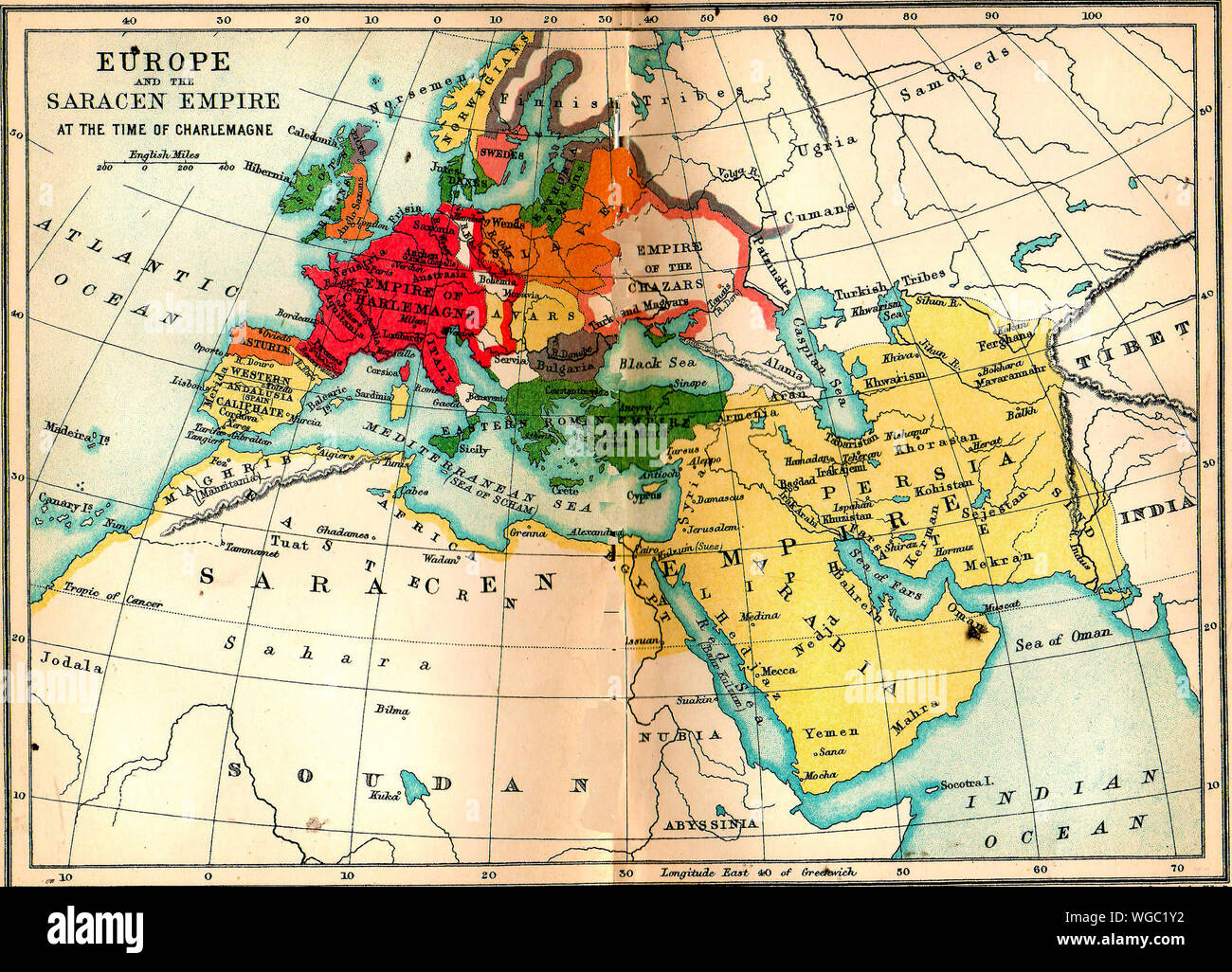 1910 mappa che mostra l'antico impero dei saraceni al tempo di Carlo Magno con la tribù e nazioni che popolano le varie parti Foto Stock