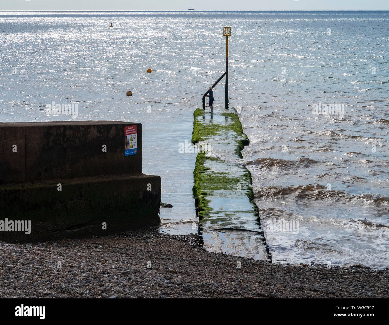 Un uomo pesca con asta e linea sul mare difese a Sidmouth,Devon, Inghilterra, Regno Unito Foto Stock