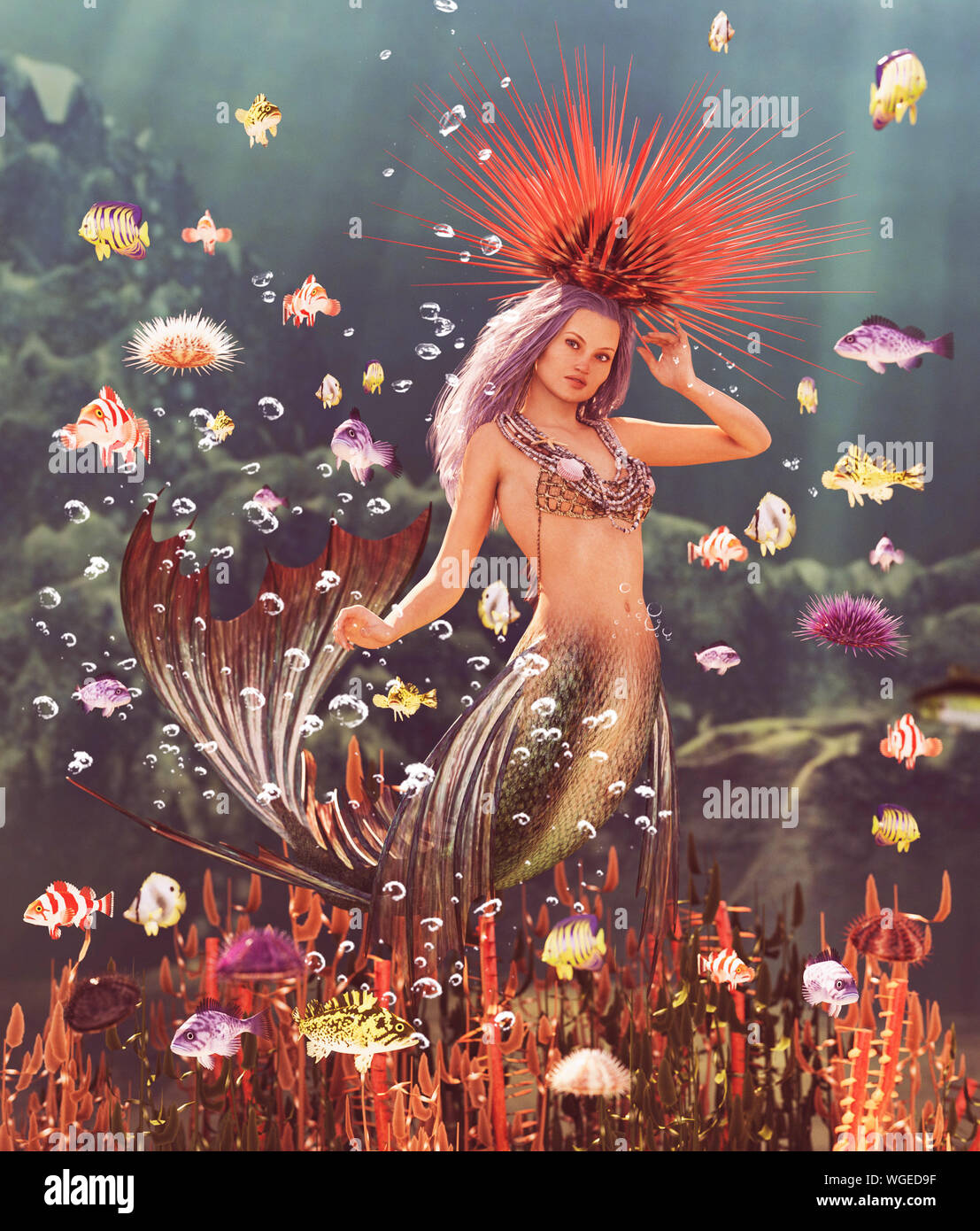 3d Fantasy mermaid nel mitico mare,Fantasy favola di una ninfa del mare,3d illustrazione per la copertina del libro o illustrazione del libro Foto Stock