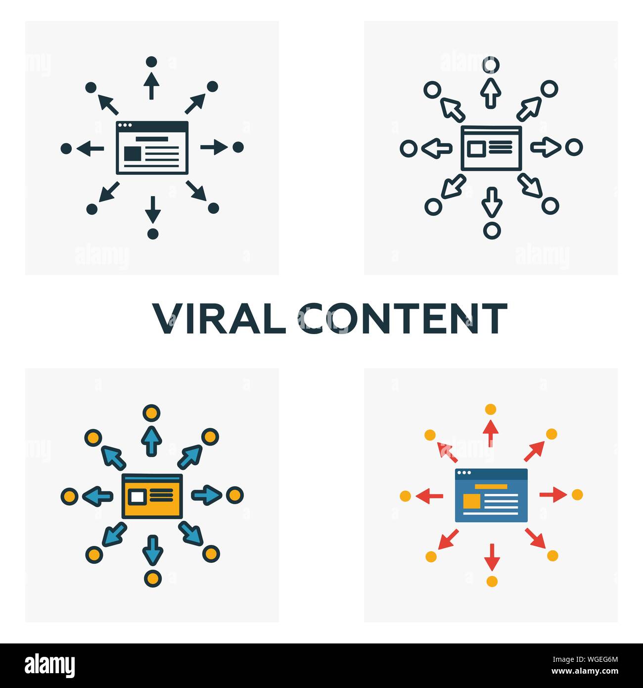 Contenuti virali icon set. Quattro elementi in diversi stili dal contenuto raccolta di icone. Creative contenuti virali icone riempito, contorno, colorata e piatto Illustrazione Vettoriale