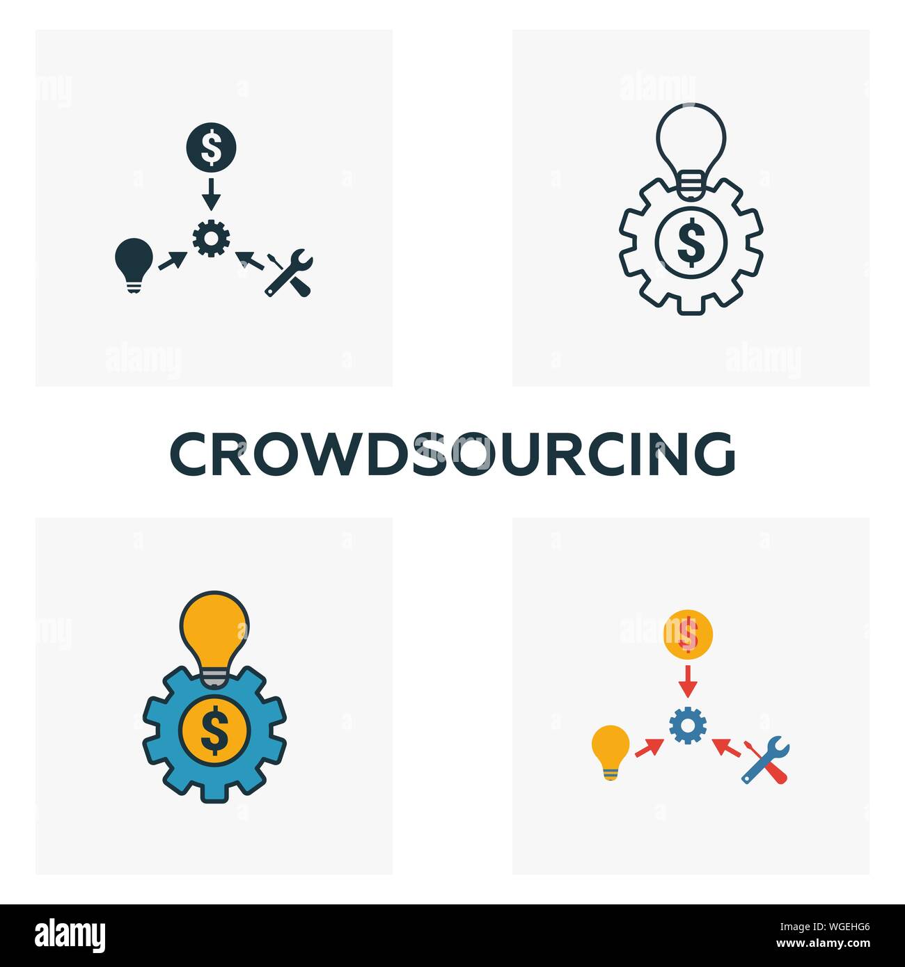 Crowdsourcing icon set. Quattro elementi in diversi stili dal contenuto raccolta di icone. Creative crowdsourcing icone riempito, contorno, colorata e piatto Illustrazione Vettoriale