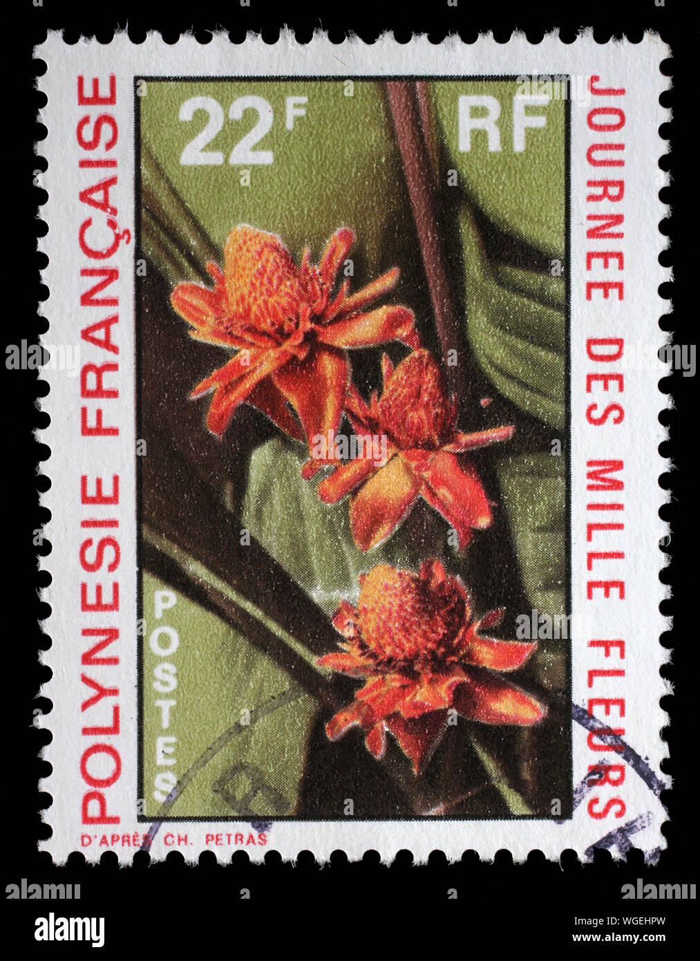 Timbro rilasciato in Polinesia francese mostra Nicolaia Elatior, giorno di mille fiori, circa 1971. Foto Stock