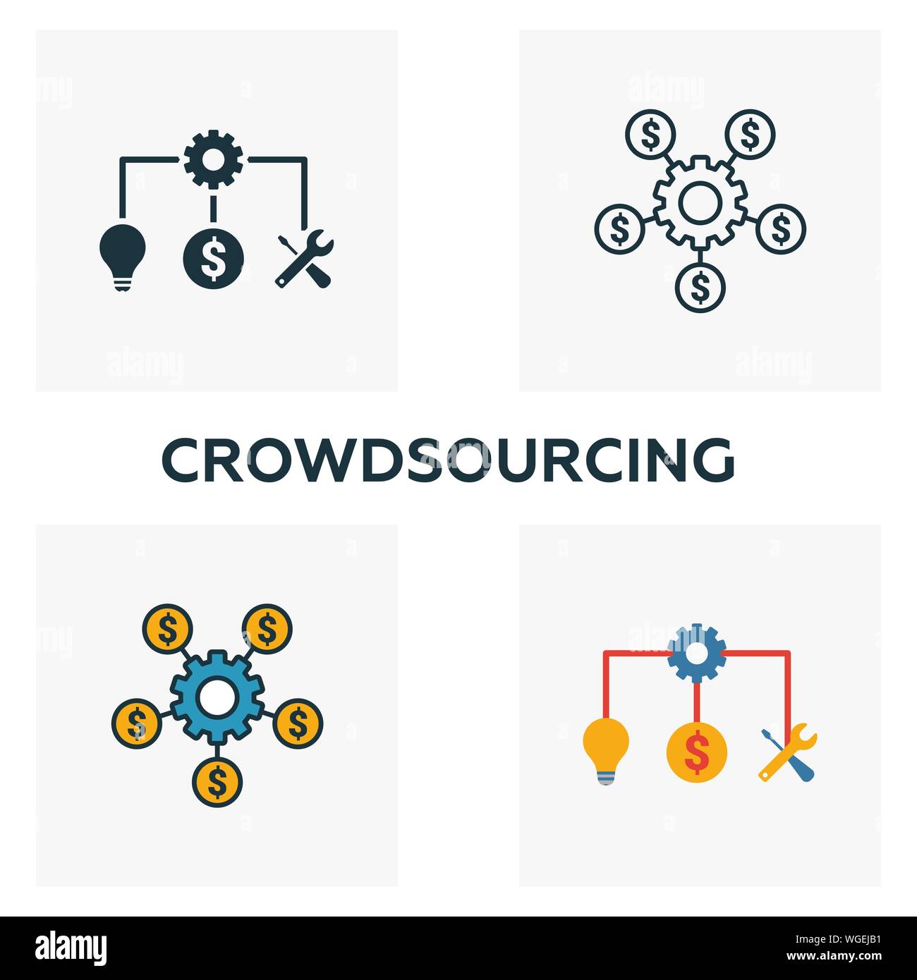 Crowdsourcing icon set. Quattro elementi in diversi stili dal contenuto raccolta di icone. Creative crowdsourcing icone riempito, contorno, colorata e piatto Illustrazione Vettoriale