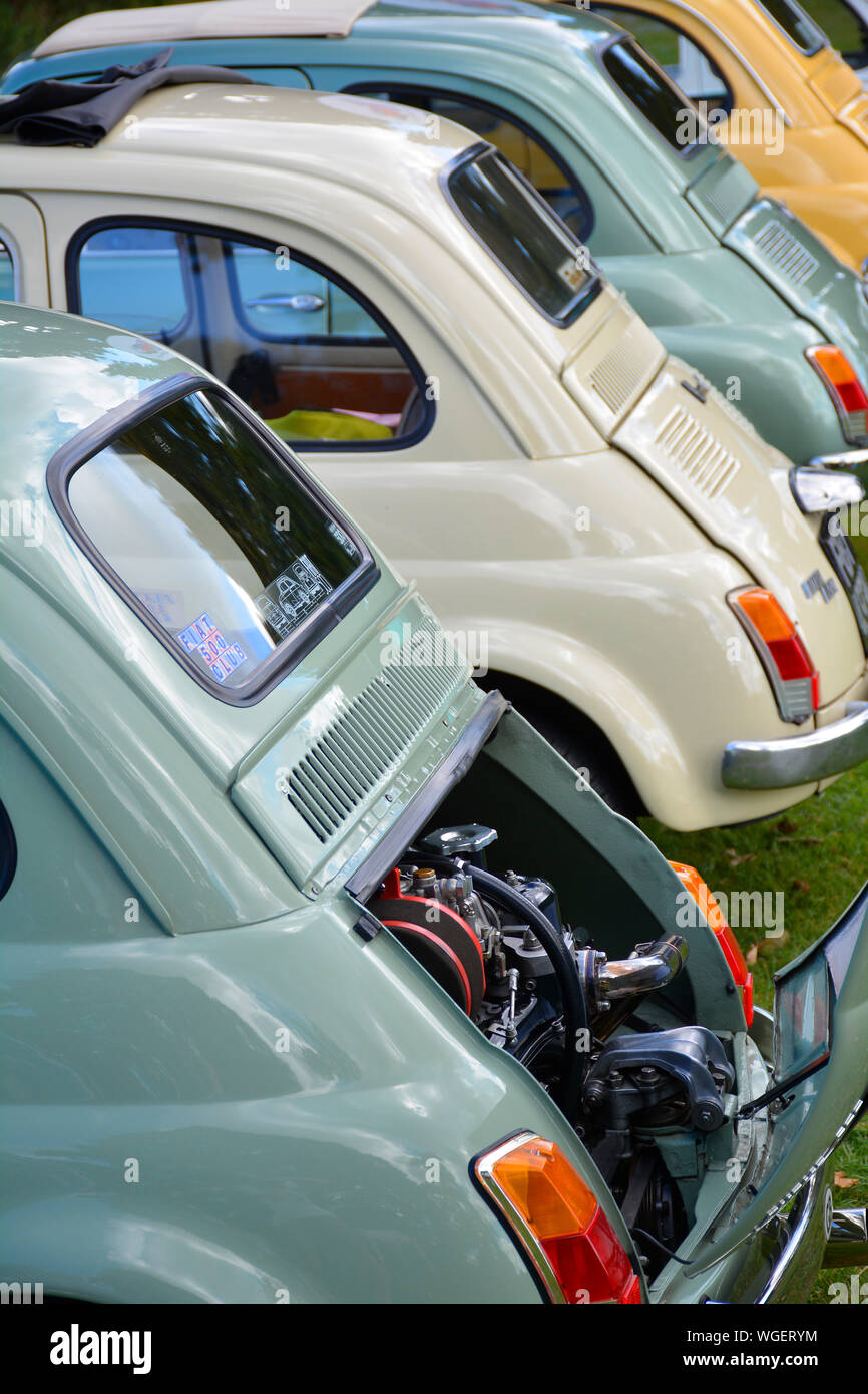 Coloratissima linea di classic 500 Fiat auto al Car Show, REGNO UNITO Foto Stock