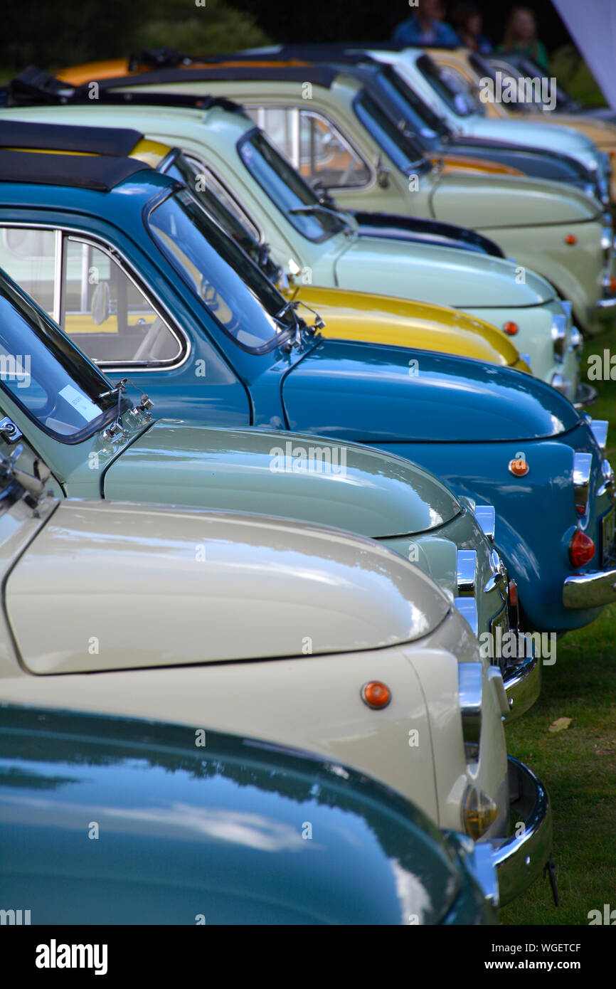 Coloratissima linea di classic 500 Fiat auto al Car Show, REGNO UNITO Foto Stock