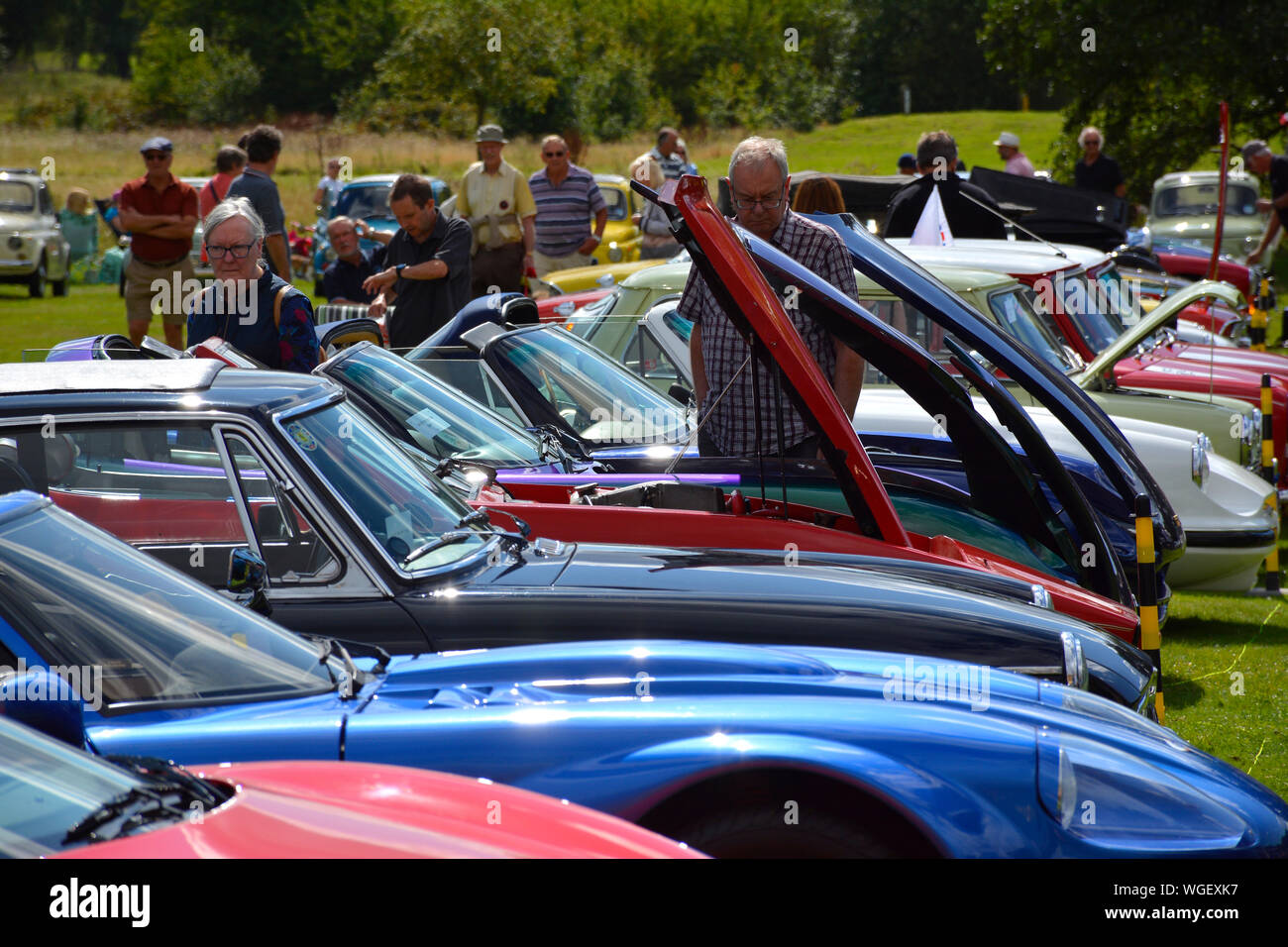 La folla godendo i classici sul prato car show a Delapre Abbey, Northamptonshire, Regno Unito Foto Stock