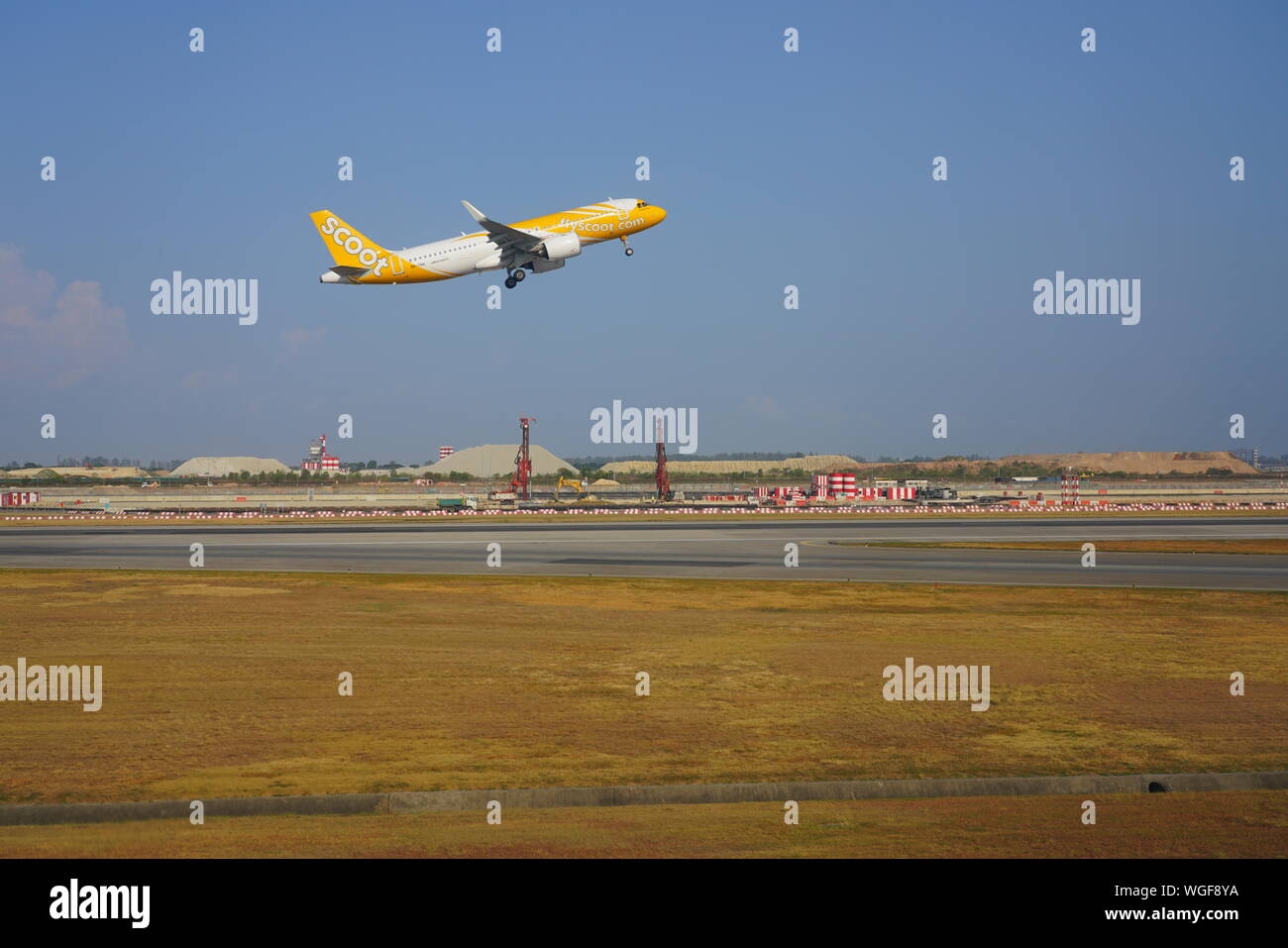 Il CHANGI, SINGAPORE -22 agosto 2019- Un aeroplano da Scoot (TZ), un basso costo di lungo raggio di proprietà della compagnia aerea da Singapore Airlines, prendendo il largo al Singapore Cha Foto Stock