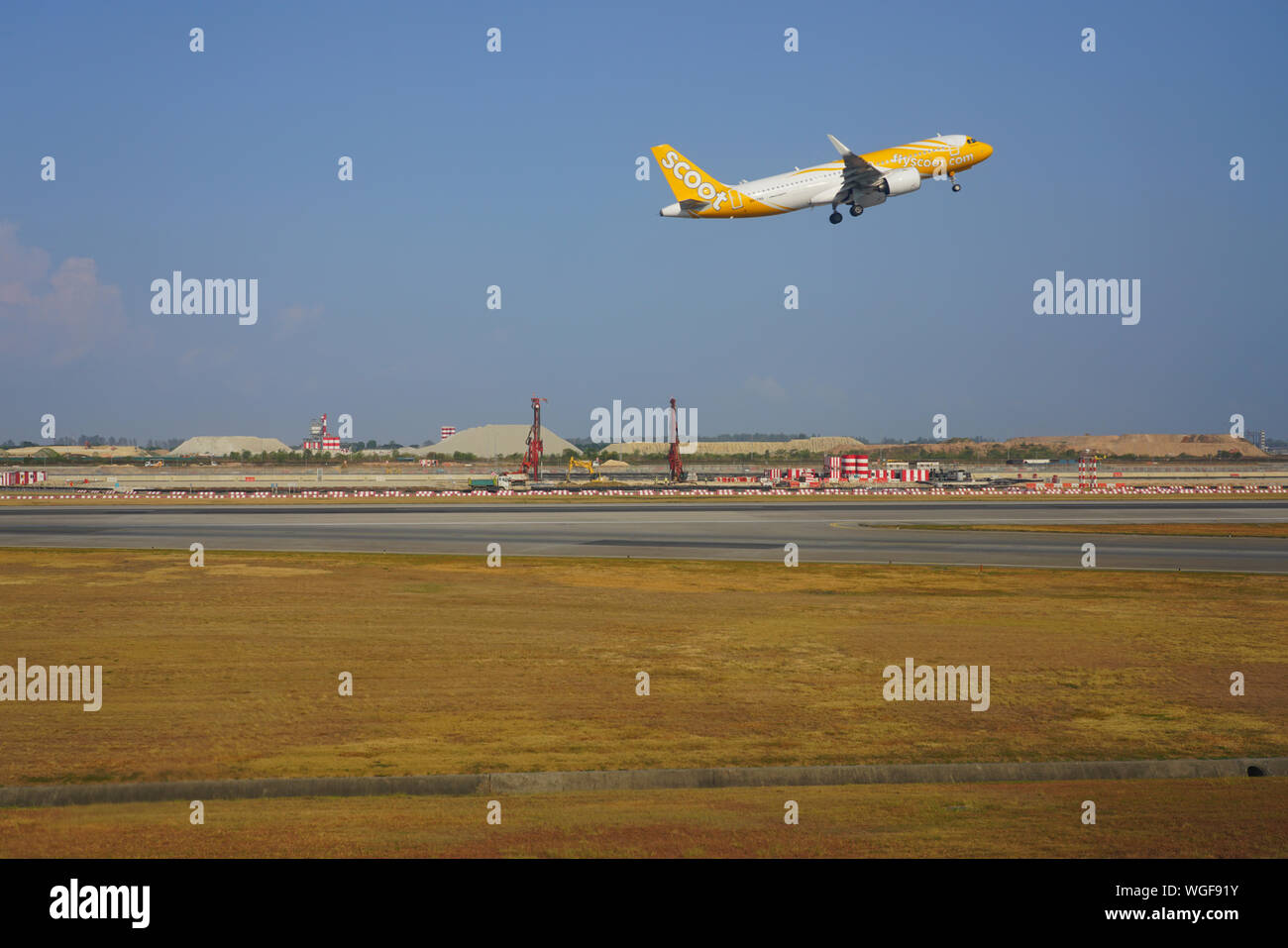 Il CHANGI, SINGAPORE -22 agosto 2019- Un aeroplano da Scoot (TZ), un basso costo di lungo raggio di proprietà della compagnia aerea da Singapore Airlines, prendendo il largo al Singapore Cha Foto Stock