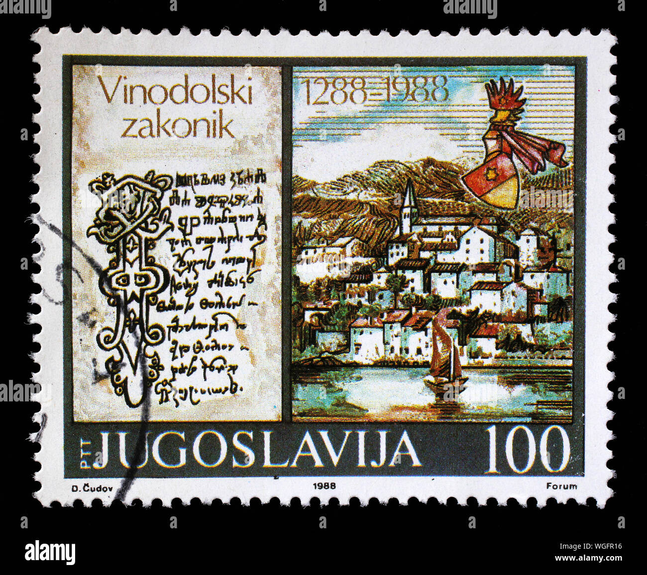 Timbro rilasciato in Iugoslavia mostra la Legge di Vinodol Codex, circa 1988. Foto Stock