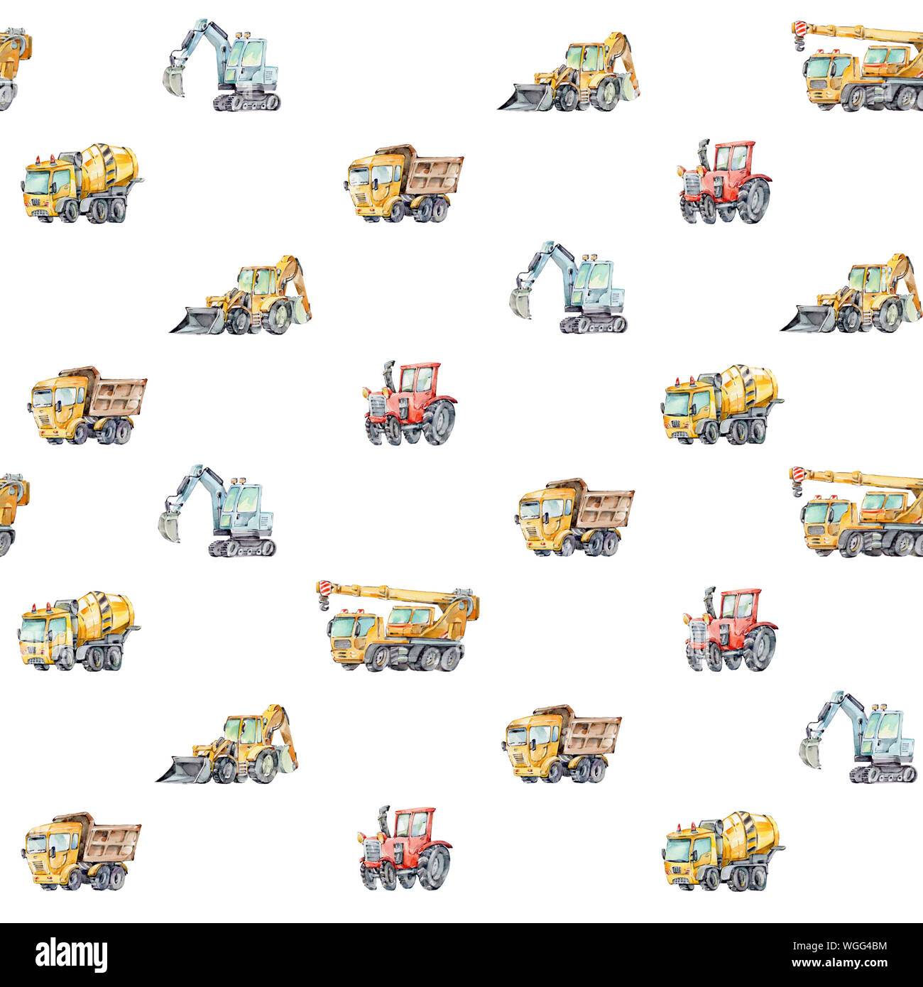 Acquerello seamless pattern con colorata Little Toy Cars. Camion e automobili sfondo ad acquerello per bambini. Trattore rosso, escavatore Macchina di scavo Foto Stock