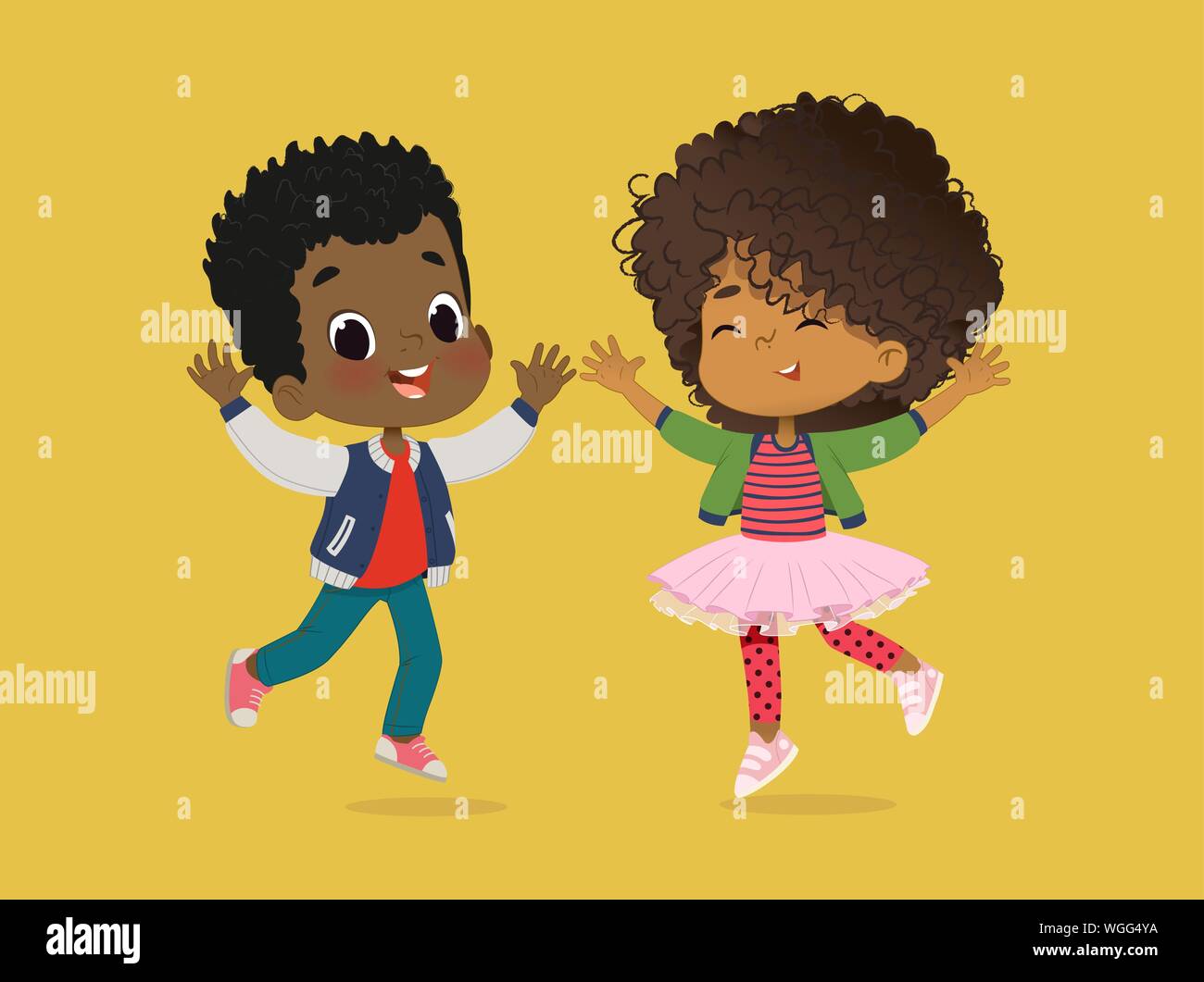 Americano africano un ragazzo e una ragazza sta giocando insieme felicemente. Bambini a giocare all'erba. Il concetto è divertente e vivace momenti di infanzia. Vettore Illustrazione Vettoriale