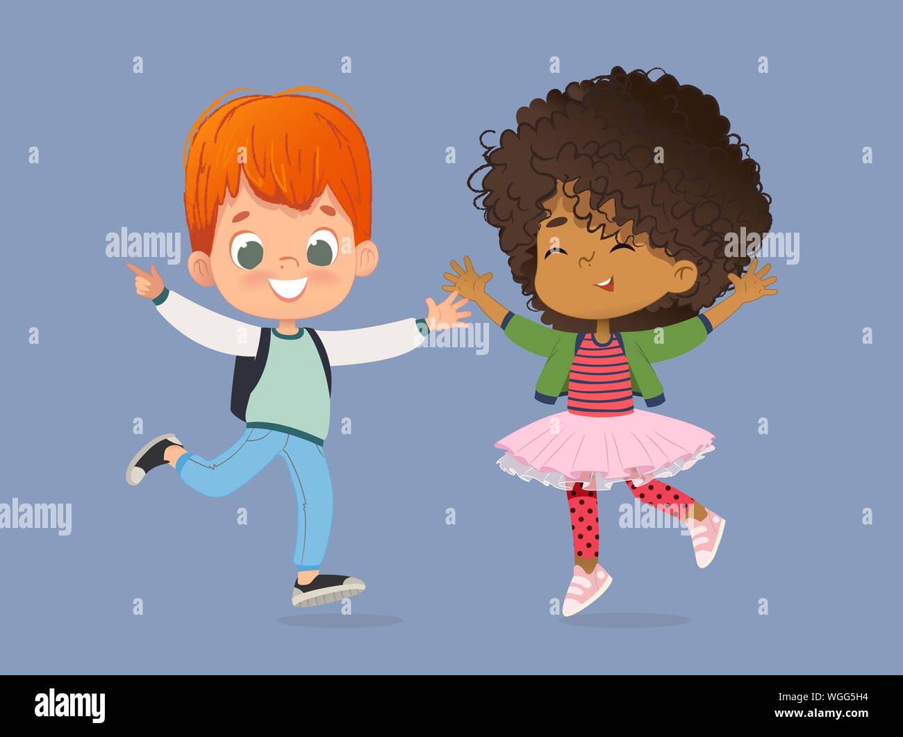 I bambini della scuola un ragazzo e una ragazza sono felicemente jump insieme. Bambini a giocare all'erba. Il concetto è divertente e vivace momenti di infanzia. Illustrazioni vettoriali. Illustrazione Vettoriale