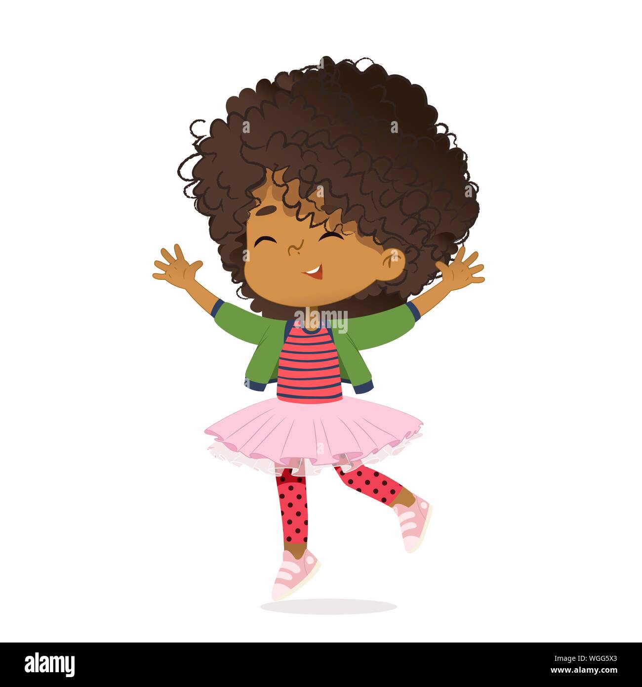 Sorridente African American Girl felicemente saltare e ballare. Scuola ragazza divertirsi. Il concetto è divertente e vivace momenti di infanzia. Illustrazioni vettoriali. Illustrazione Vettoriale