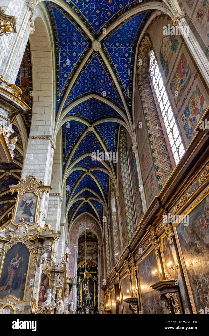 Sandomierz - cattedrale gotica basilica, interno, corridoio, vault, Polonia Foto Stock