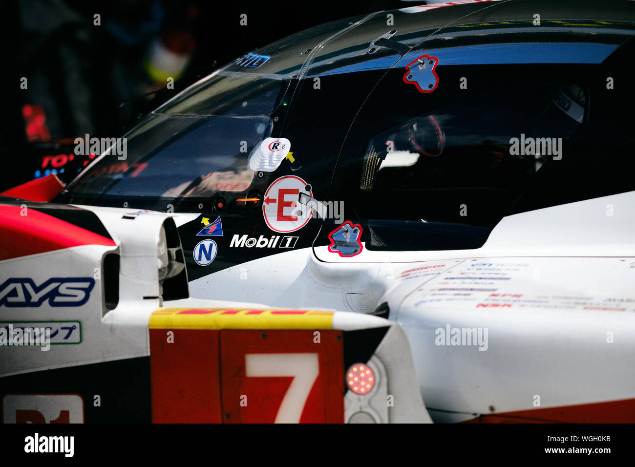 Towcester, Northamptonshire, Regno Unito. 1 settembre 2019. Toyota Gazoo Racing (JPN) Toyota TS050 Hybrid nel pit durante il 2019 FIA 4 Ore di Silverstone World Endurance Championship sul circuito di Silverstone. Foto di gergo Toth / Alamy Live News Foto Stock