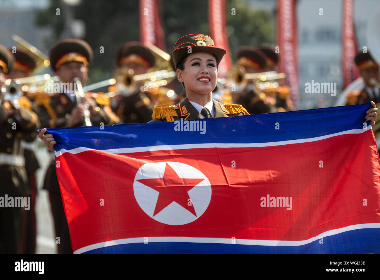 La banda militare della Corea del Nord di Esercito del popolo eseguire durante il dodicesimo Spasskaya torre militare internazionale Music Festival di Mosca Foto Stock