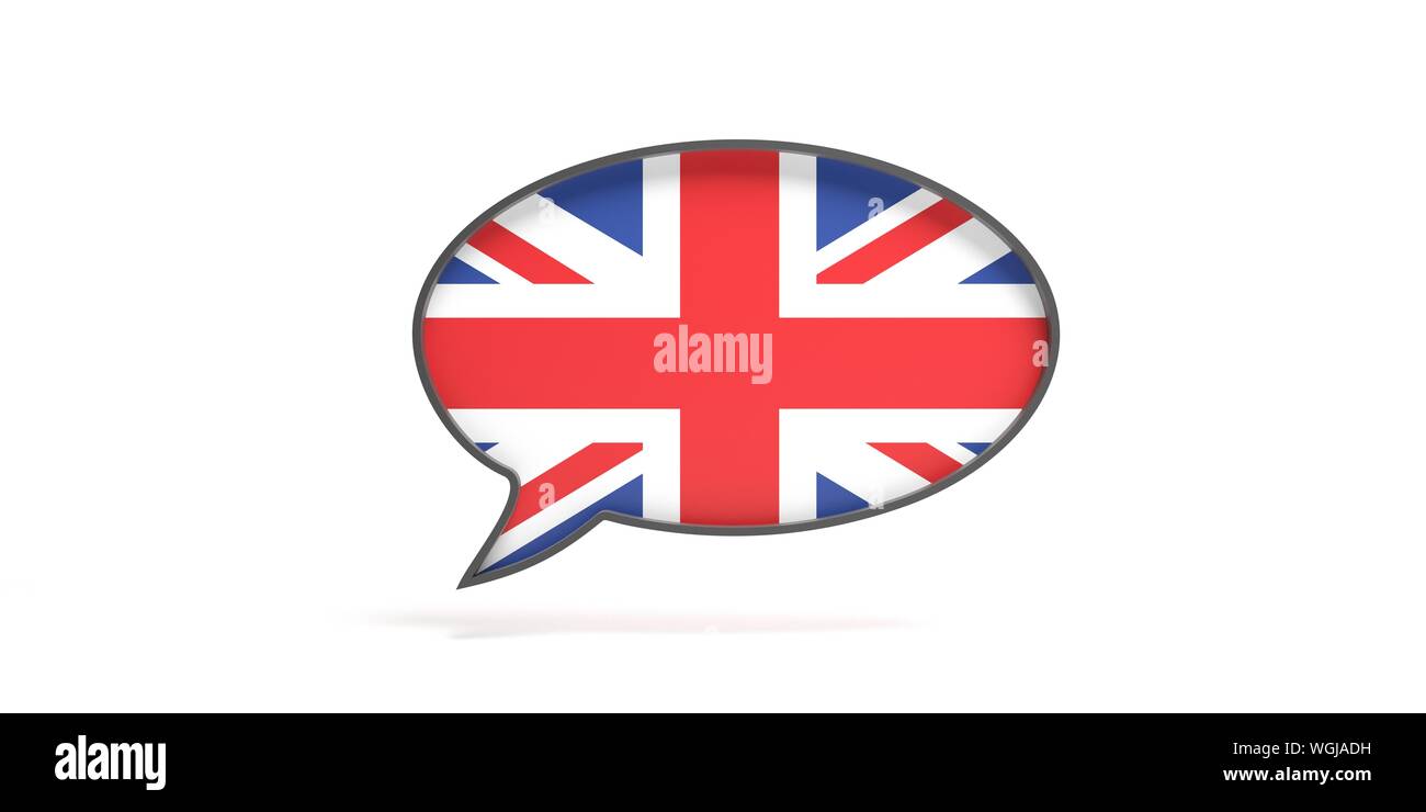 Parlare inglese concept. Bandiera del Regno Unito discorso bolla isolata contro uno sfondo bianco. 3d illustrazione Foto Stock