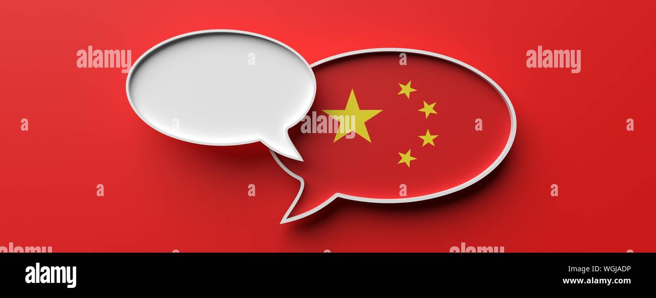 Comunicazione in lingua cinese e di traduzione. Bandiera della Cina discorso bolla e bolla di vuoto contro lo sfondo di colore rosso, banner. 3d illustrazione Foto Stock