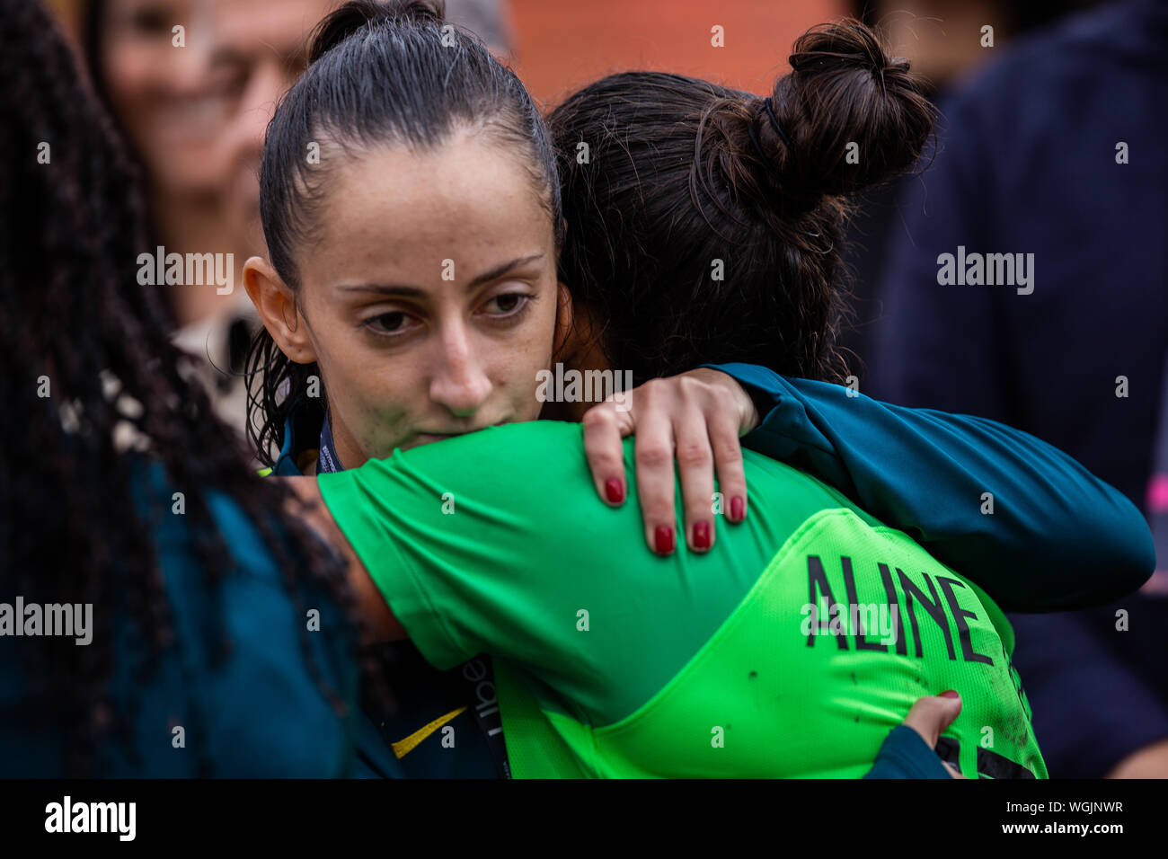 SÃO PAULO, SP - 01.09.2019: Brasile X CILE - Uber donne"ccer Cup coppa - nazionale cileno team vince la donna brasiliana&am9;s soccer team sulle sanzioni dopo un 0-0 dra disegnare in tempo normale. Con un sacco di pioggia, che ha sconvolto il calcio di entrambe le squadre e con il pubblico di 15,047 di pagare e di reddito di $ 174,073.00. Il match ha luogo questa Domenica, 1 settembre 2019, presso lo stadio Pacaembu, in São Paulo. (Foto: Van Campos/Fotoarena) Foto Stock