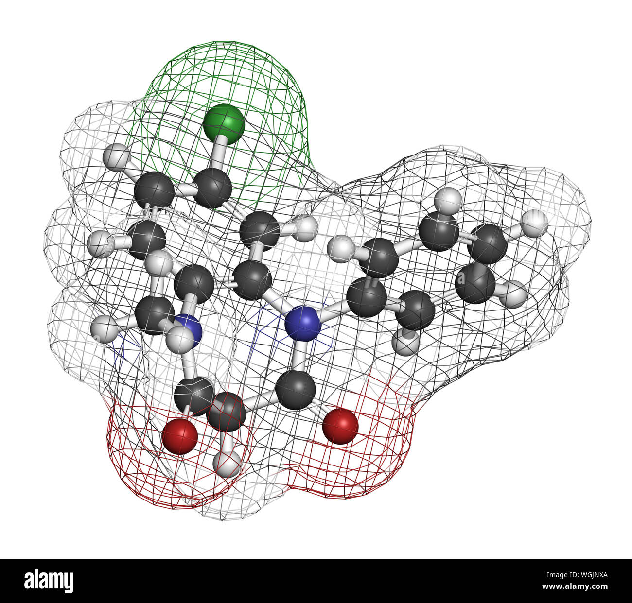 Clobazam epilessia molecola di farmaco. Il rendering 3D. Gli atomi sono rappresentati come sfere con i tradizionali colori: idrogeno (bianco), carbonio (grigio), nitro Foto Stock