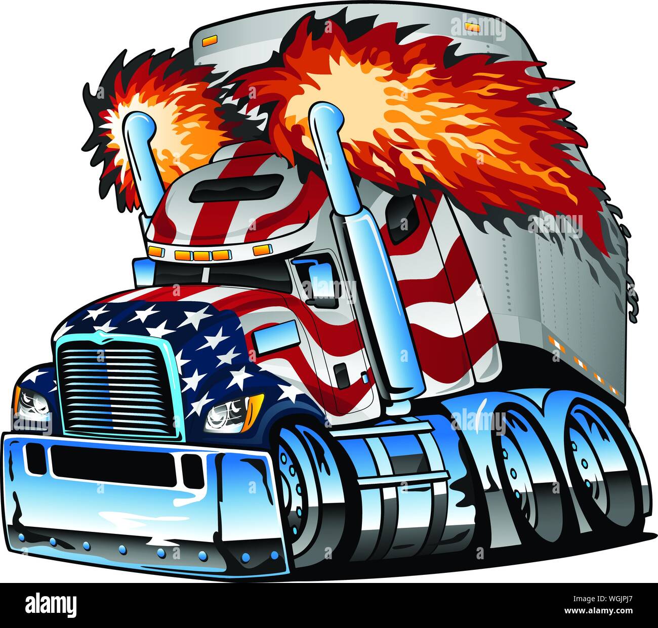 Patriottica bandiera americana Semi carrello del rimorchio del trattore Big Rig Cartoon vettore isolato Illustratio Illustrazione Vettoriale