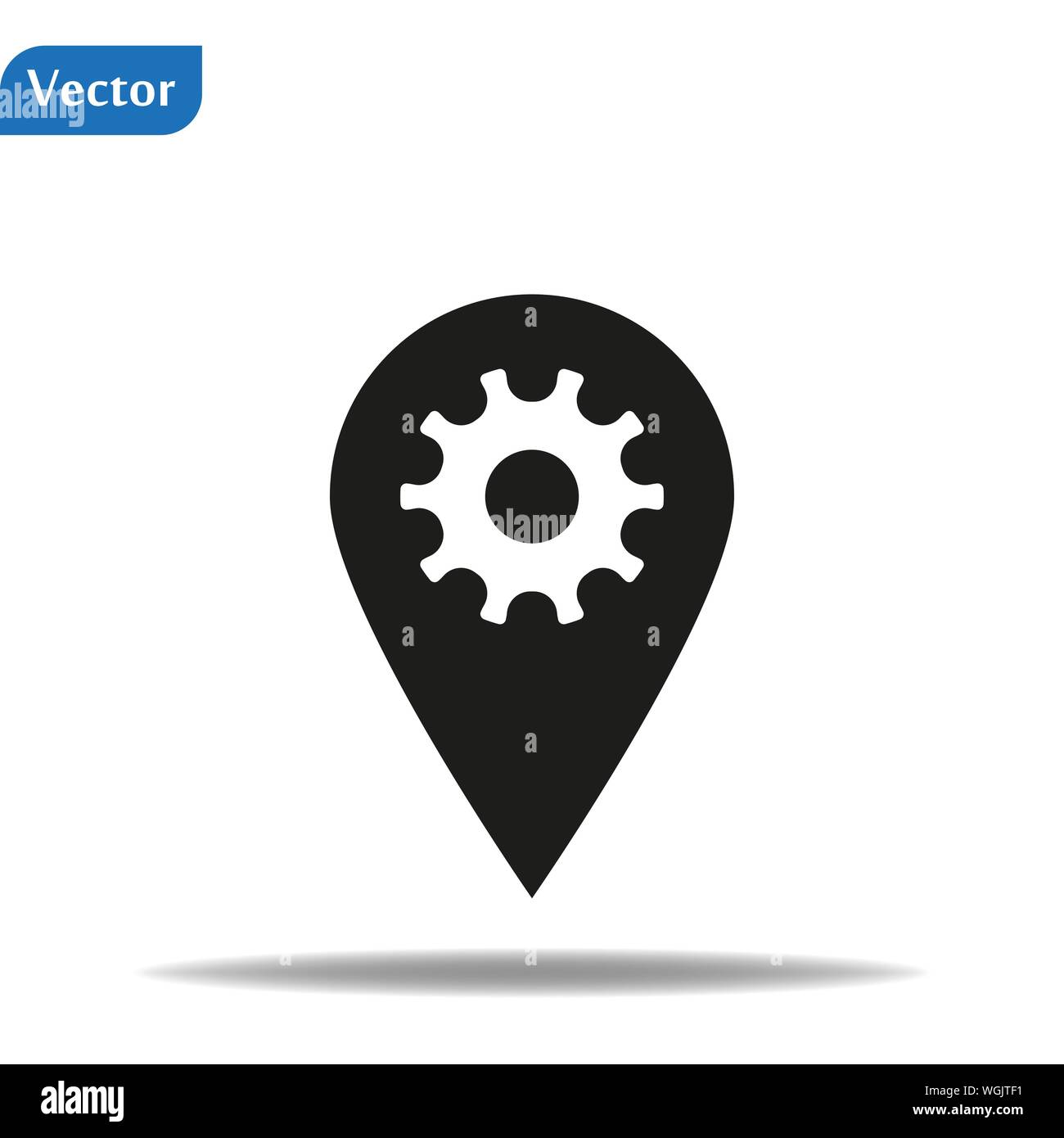 Mappa marker con icona a forma di ingranaggio, mappa pin, posizione GPS simbolo, Stock illustrazione vettoriale su sfondo bianco. Illustrazione Vettoriale