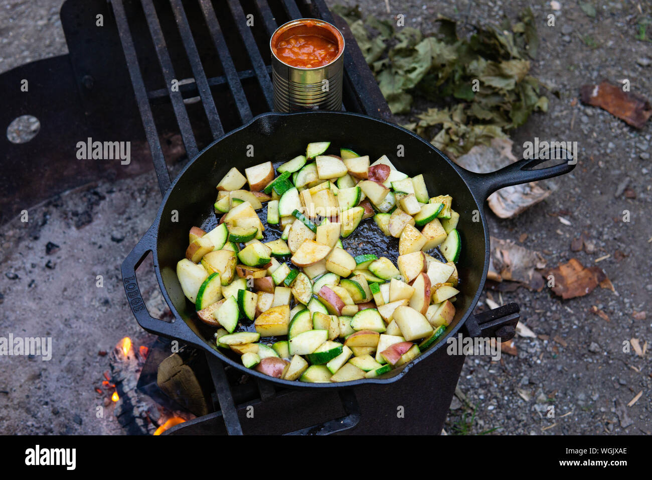 Cena di Cucina su fuoco di campo campeggio pasto rustico di Patate cipolle Zucchine Ortaggi Foto Stock