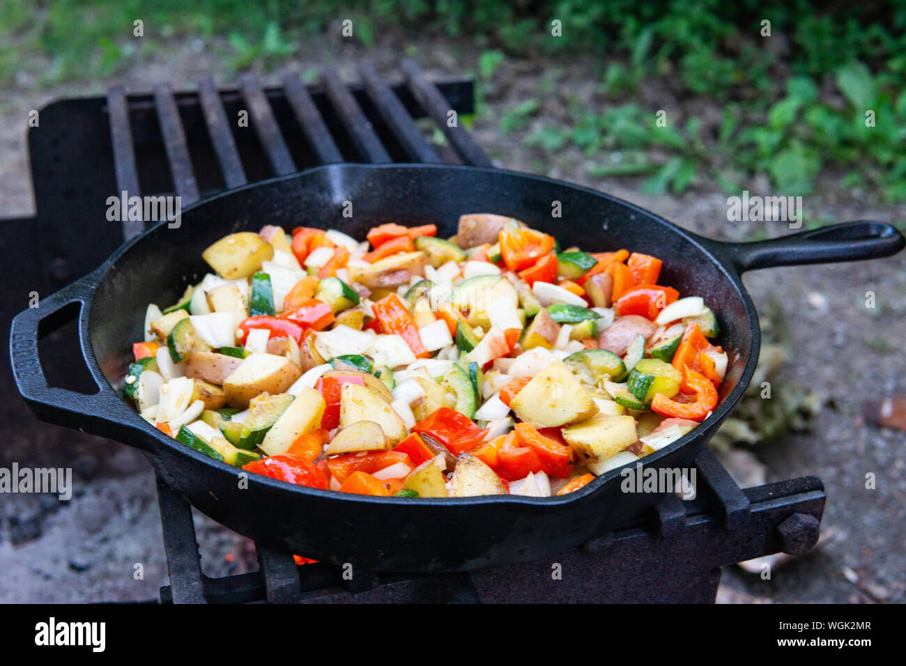 La cena per la cottura sul fuoco in ghisa rustico pan camping Foto Stock