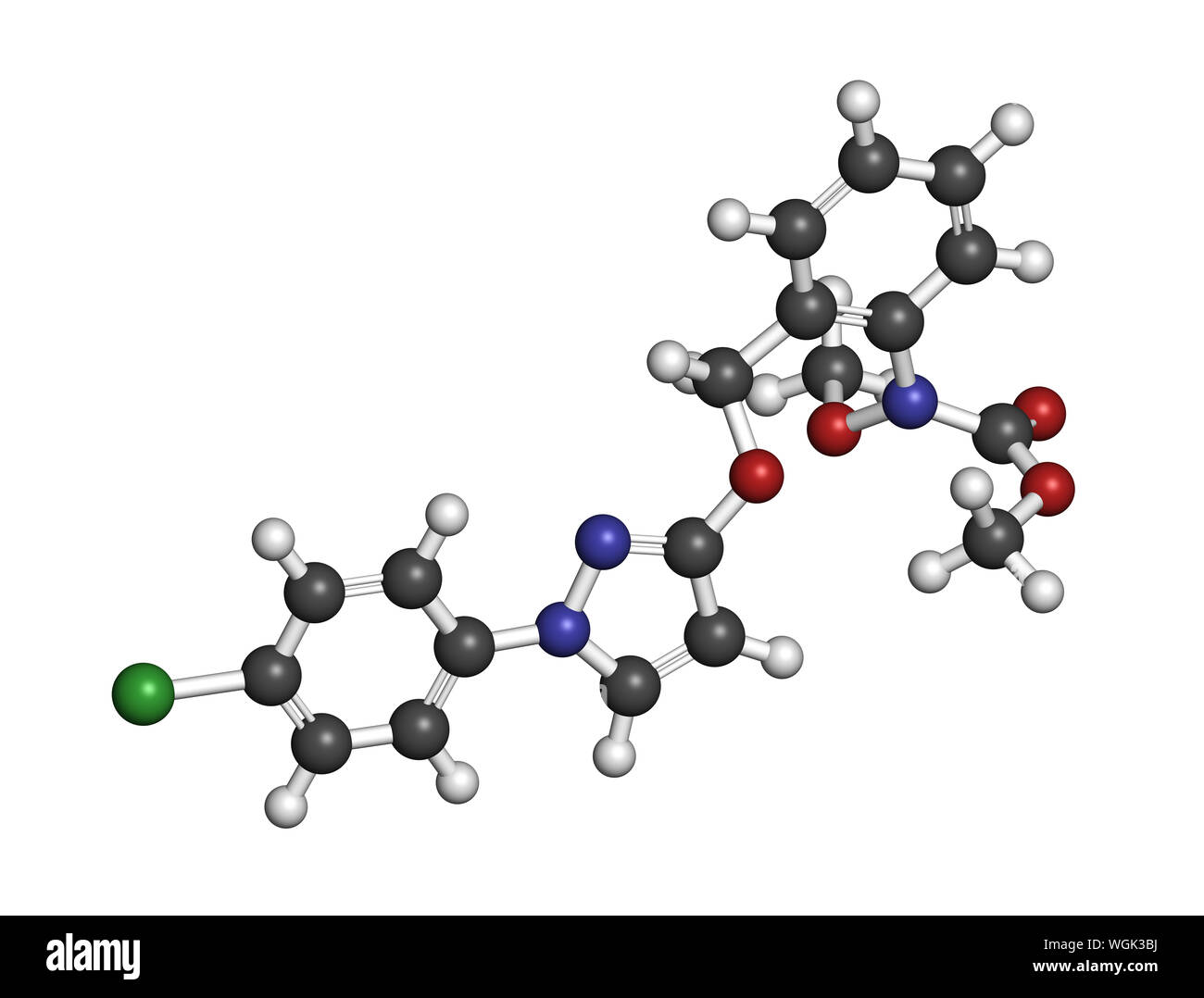 Pyraclostrobin fungicida molecola. Il rendering 3D. Gli atomi sono rappresentati come sfere con i tradizionali colori: idrogeno (bianco), carbonio (grigio), ossi Foto Stock