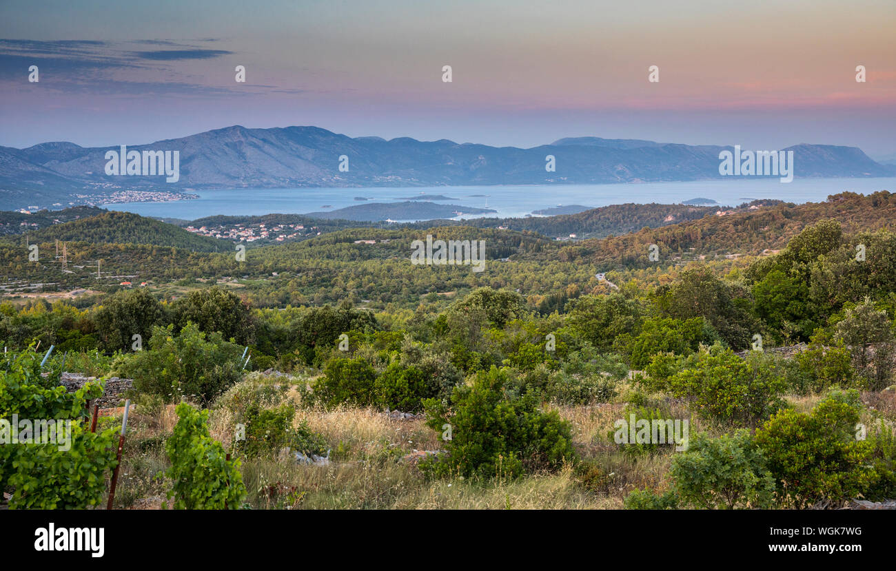 Panorama di Isola di Korcula, vista della penisola di Sabbioncello in una distanza Foto Stock