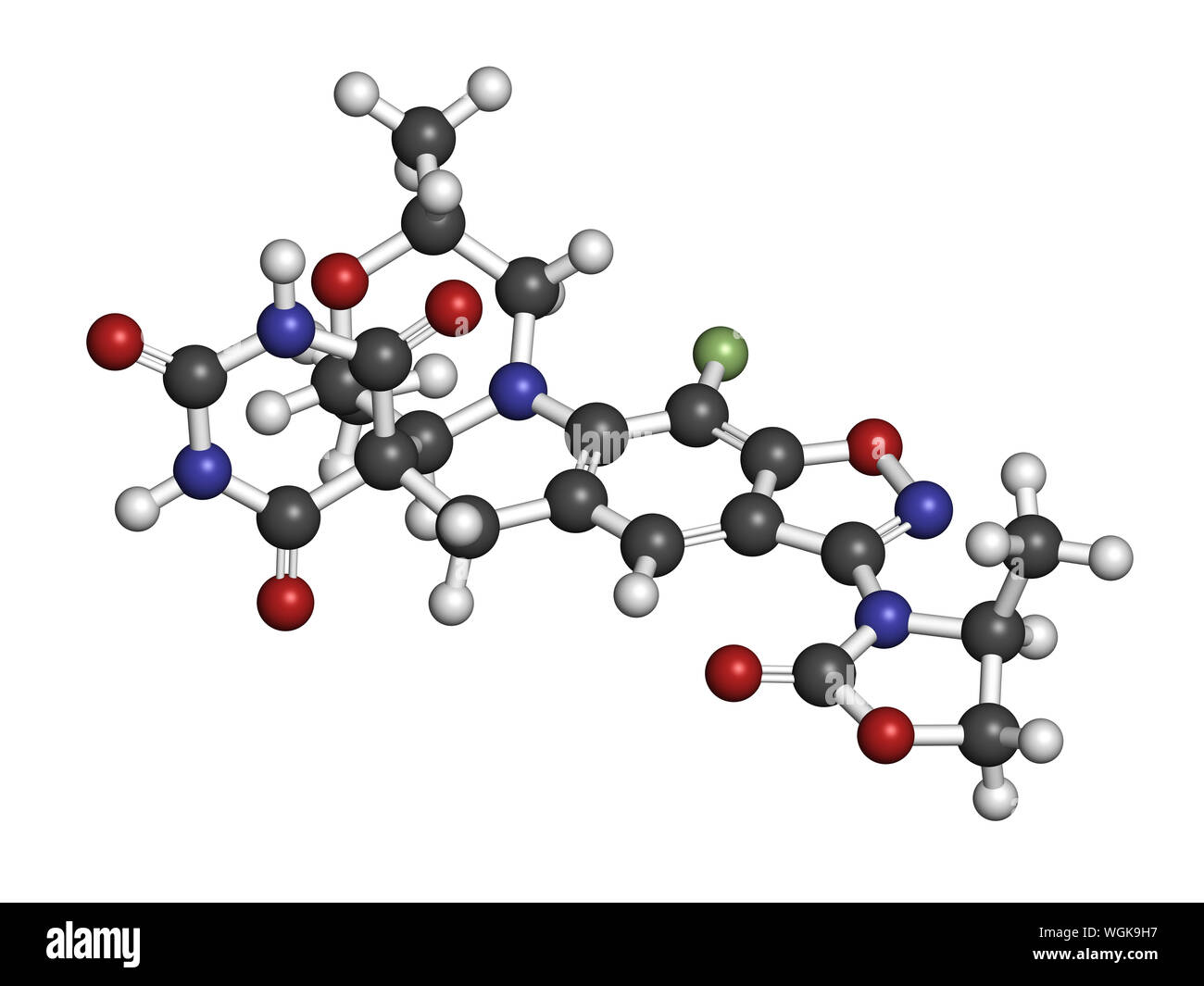 Antibiotico Zoliflodacin molecola di farmaco. Il rendering 3D. Gli atomi sono rappresentati come sfere con i tradizionali colori: idrogeno (bianco), carbonio (grigio), Foto Stock