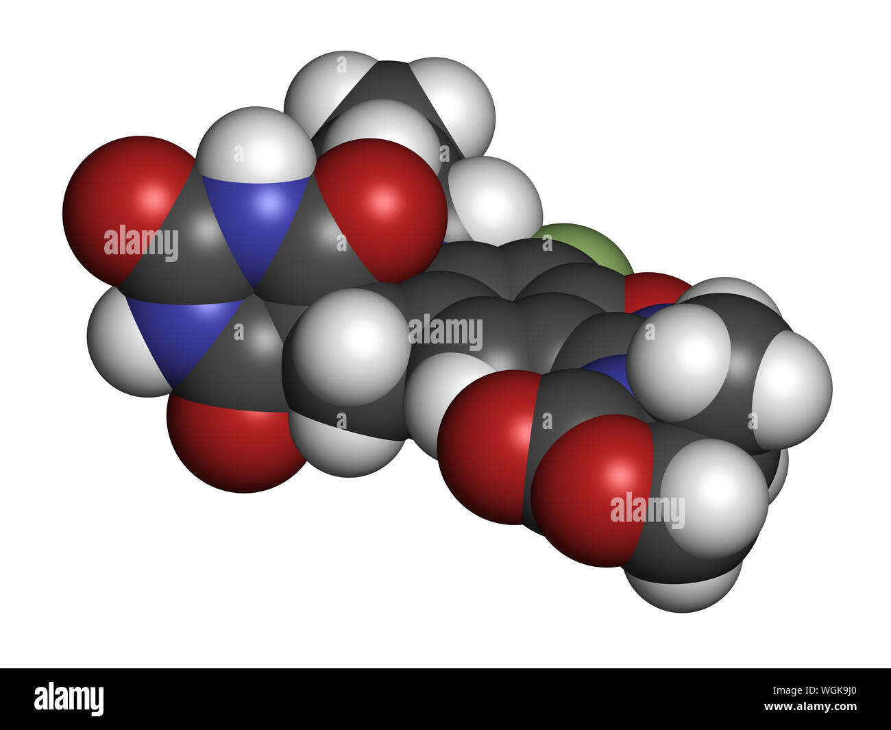 Antibiotico Zoliflodacin molecola di farmaco. Il rendering 3D. Gli atomi sono rappresentati come sfere con i tradizionali colori: idrogeno (bianco), carbonio (grigio), Foto Stock