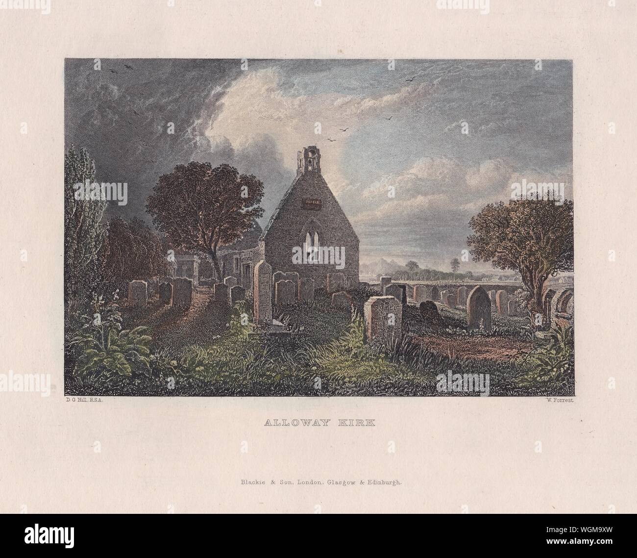Prenota / piastra di stampa 'Alloway Kirk'. Robert Burns' famoso poema "Tam o Shanter''. Burns' padre William Burnes, è sepolto nel cimitero. Foto Stock