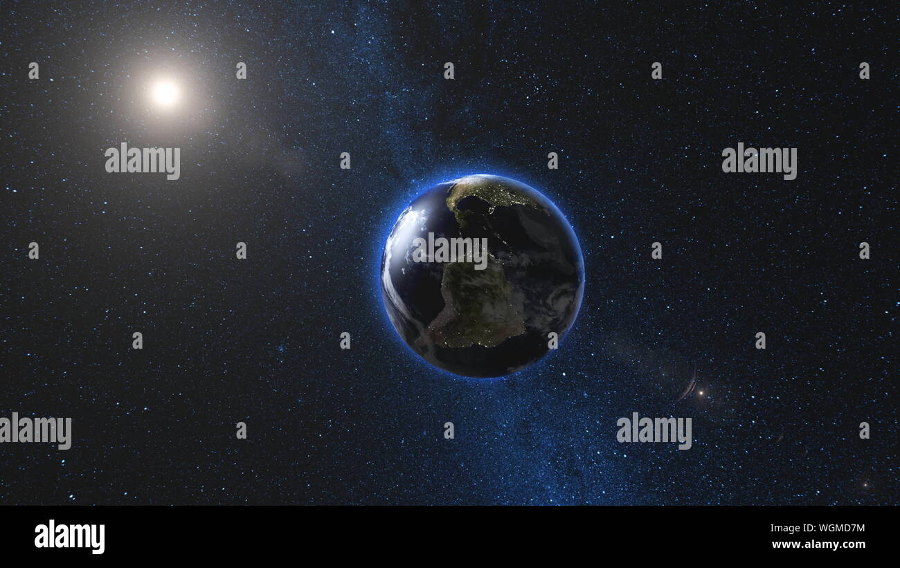 Il pianeta Terra e la Luna in rotazione e approccio in spazio aperto, Blu Via Lattea in background. Ad alto dettaglio 4K 3D Render Animazione. Gli elementi di questa immagine fornita dalla NASA. Astronomia scienza concetto. Foto Stock