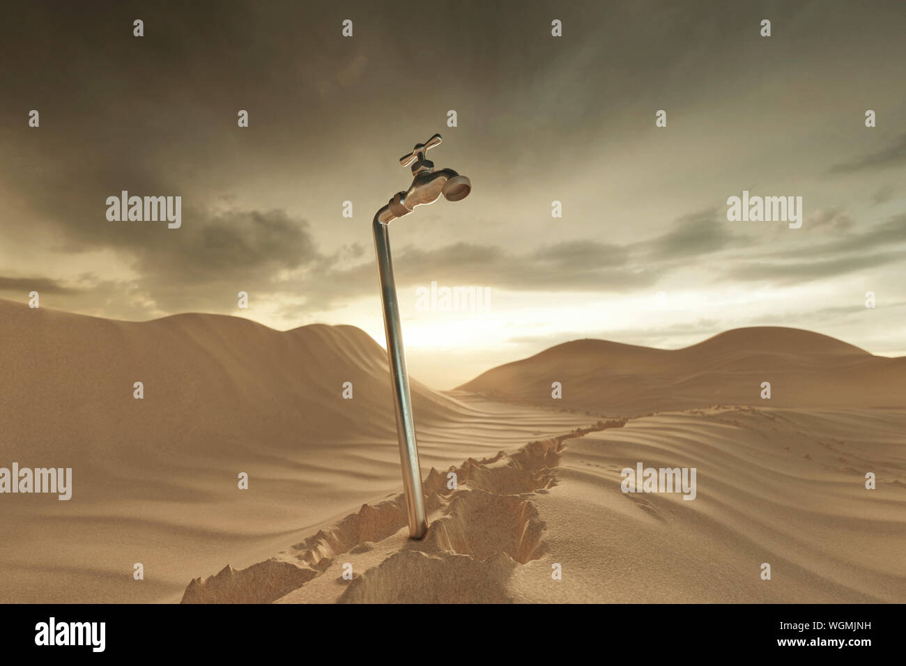 3D rendering del paesaggio di dune con rubinetto. Concetto di scarsità d acqua Foto Stock