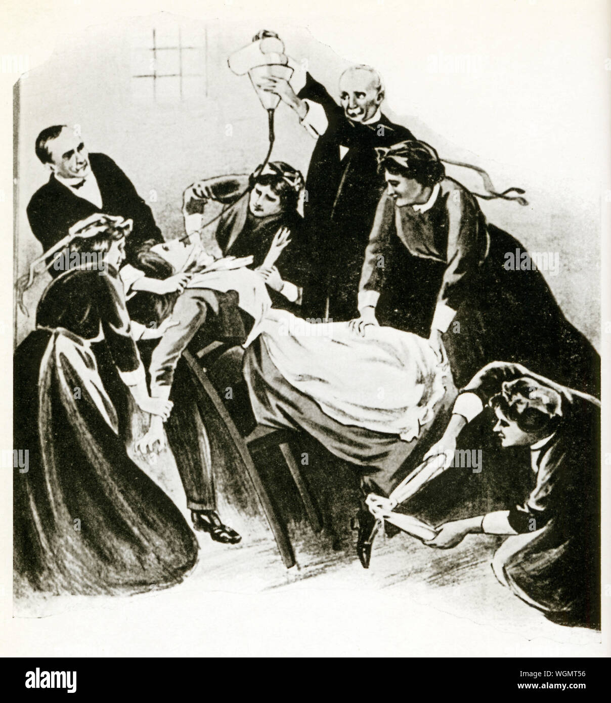 Forza di alimentazione Suffragettes in prigione, 1908 illustrazione dal WSPU del trattamento disumano di donne arrestate per protestare per il diritto di voto Foto Stock