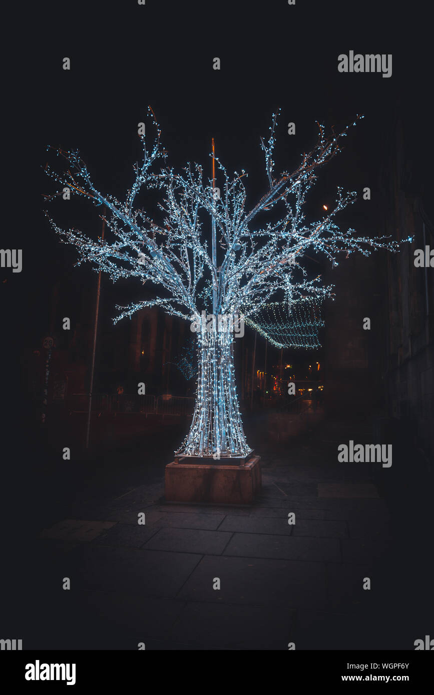 Edimburgo, Scozia, 13 dicembre 2018: sorprendente scultura di un albero con un scheletro, soddisfatto di luci di Natale splendente e incandescente in d Foto Stock