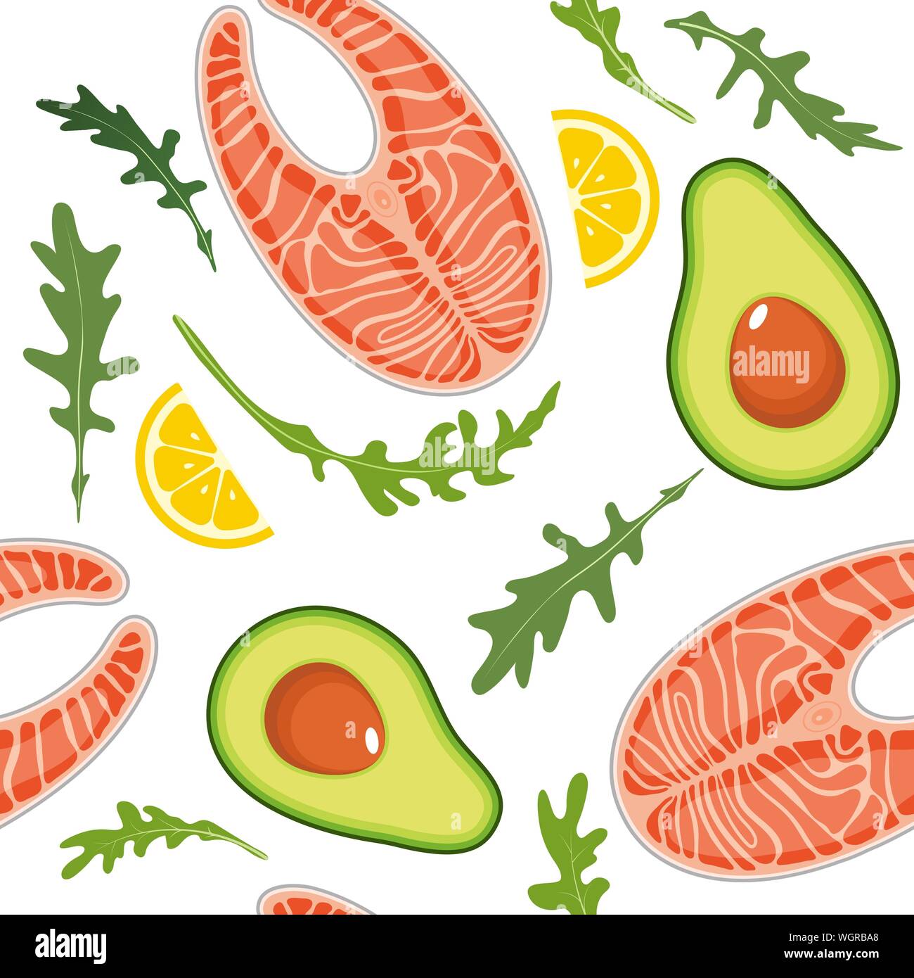 Seamless pattern su sfondo bianco con salmone, avocado, rucola e fetta di limone. Pesce rosso e lo sfondo di avocado. Illustrazione Vettoriale. Illustrazione Vettoriale