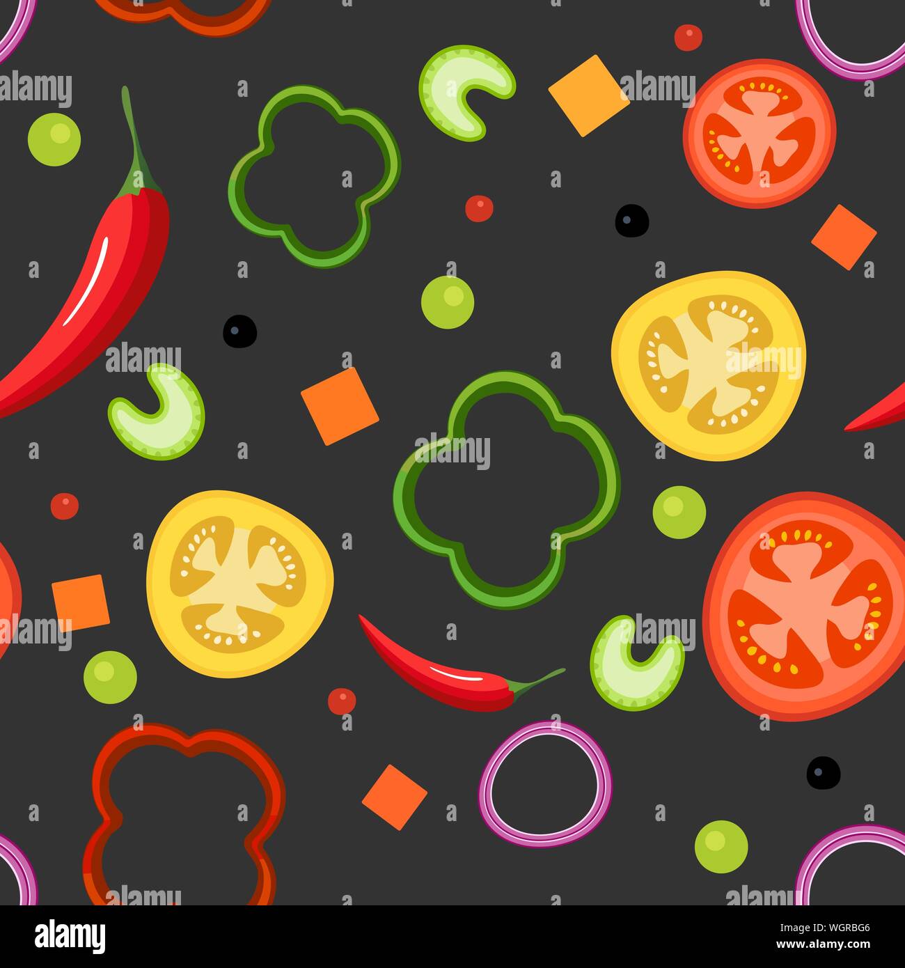 Seamless pattern su sfondo scuro con verdure. Il giallo e il rosso dei pomodori, paprica, peperoni, cipolle, piselli verdi e il sedano. Illustrazione Vettoriale Illustrazione Vettoriale