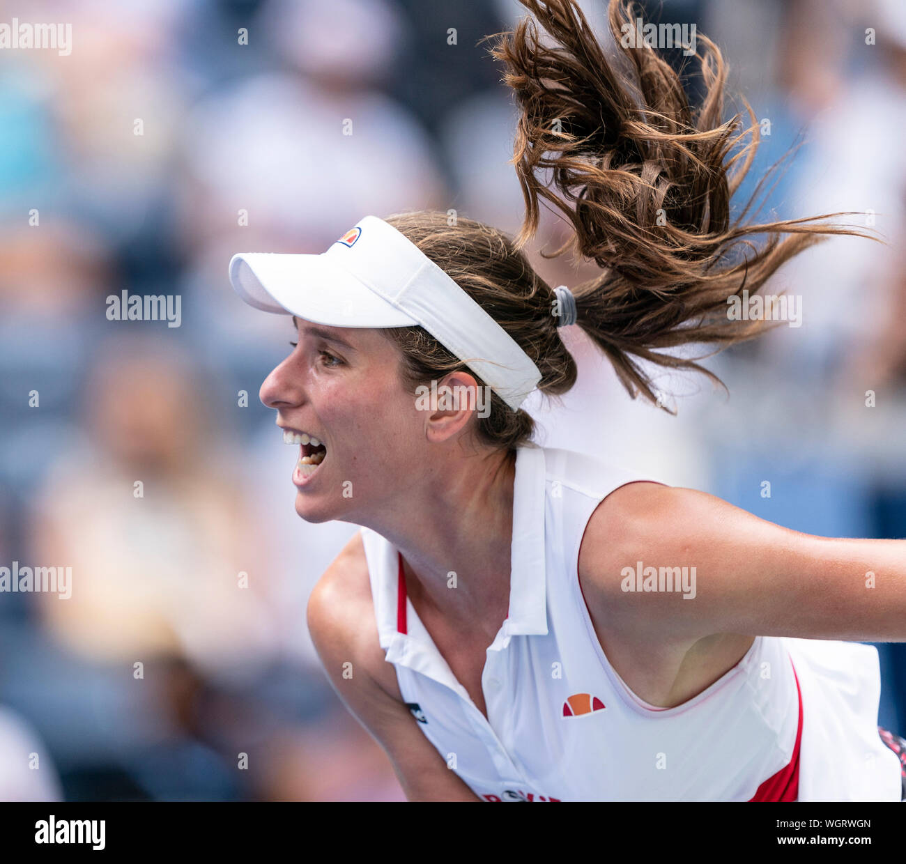 New York, Stati Uniti. 01 Sep, 2019. Johanna Konta (Gran Bretagna) in azione durante il round 4 di US Open Championship contro Karolina Pliskova (Repubblica Ceca) a Billie Jean King National Tennis Center (foto di Lev Radin/Pacific Stampa) Credito: Pacific Press Agency/Alamy Live News Foto Stock