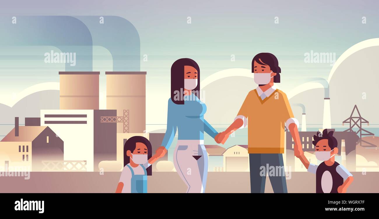 I genitori e i bambini che indossano maschere viso gas tossici inquinamento atmosferico smog industria ambiente inquinato concetto famiglia passeggiate all'aperto tubazione Impianto sporco Illustrazione Vettoriale