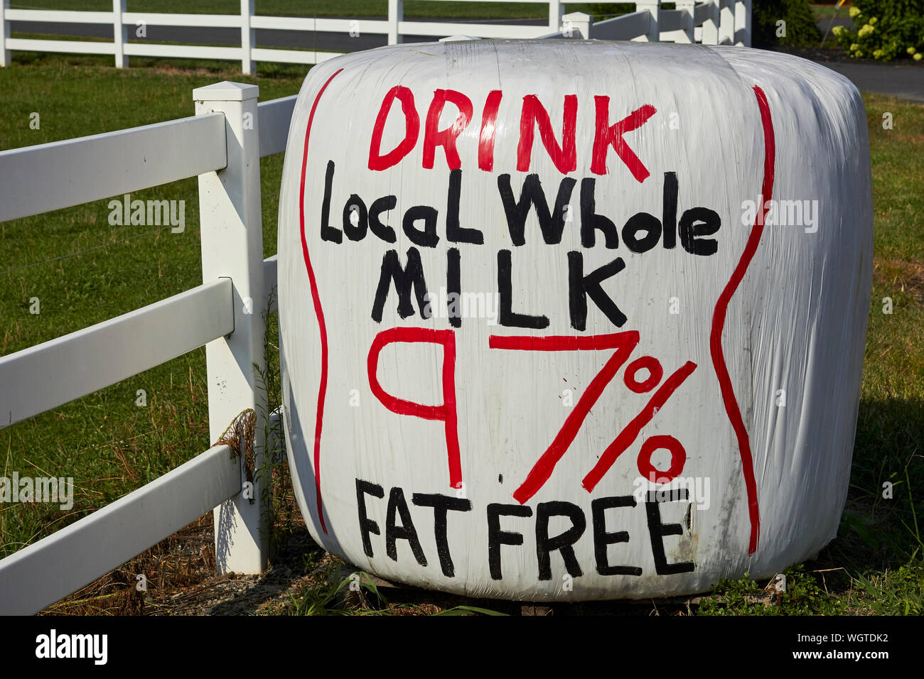Balle di fieno avvolto in plastica con il messaggio 'Drink locale di latte intero 97% di grassi liberi' su di essi. Tali balle sono diventati comuni in Pennsylvania Azienda Agricola Conte Foto Stock