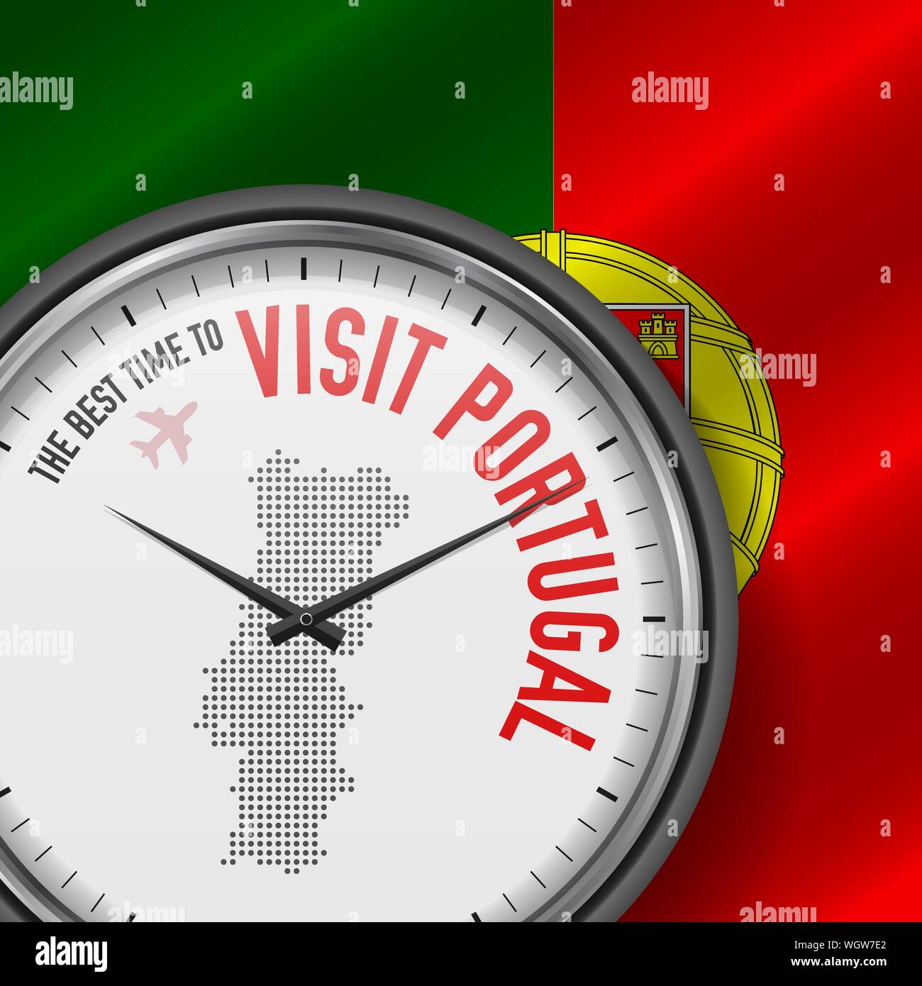Il momento migliore per visitare il Portogallo. Viaggio in Portogallo. Aria turistica volo. Sventola bandiera di sfondo e punti mappa Pattern sul quadrante. Illustrazione Vettoriale. Illustrazione Vettoriale