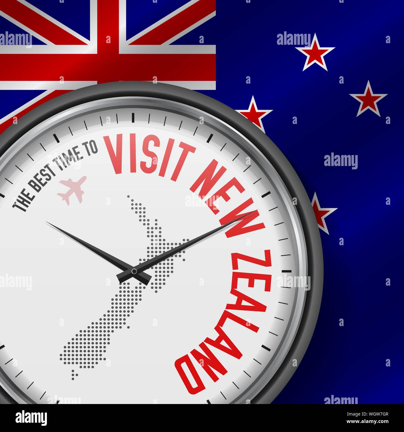 Il periodo migliore per visitare la Nuova Zelanda. Viaggio in Nuova Zelanda. Aria turistica volo. Sventola bandiera di sfondo e punti mappa Pattern sul quadrante. Illustr vettore Illustrazione Vettoriale