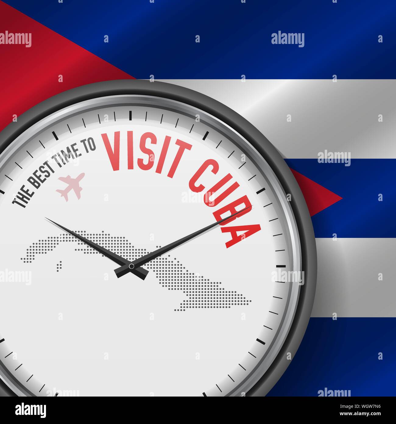 Il periodo migliore per visitare Cuba. Viaggiare a Cuba. Aria turistica volo. Sventola bandiera di sfondo e punti mappa Pattern sul quadrante. Illustrazione Vettoriale. Illustrazione Vettoriale