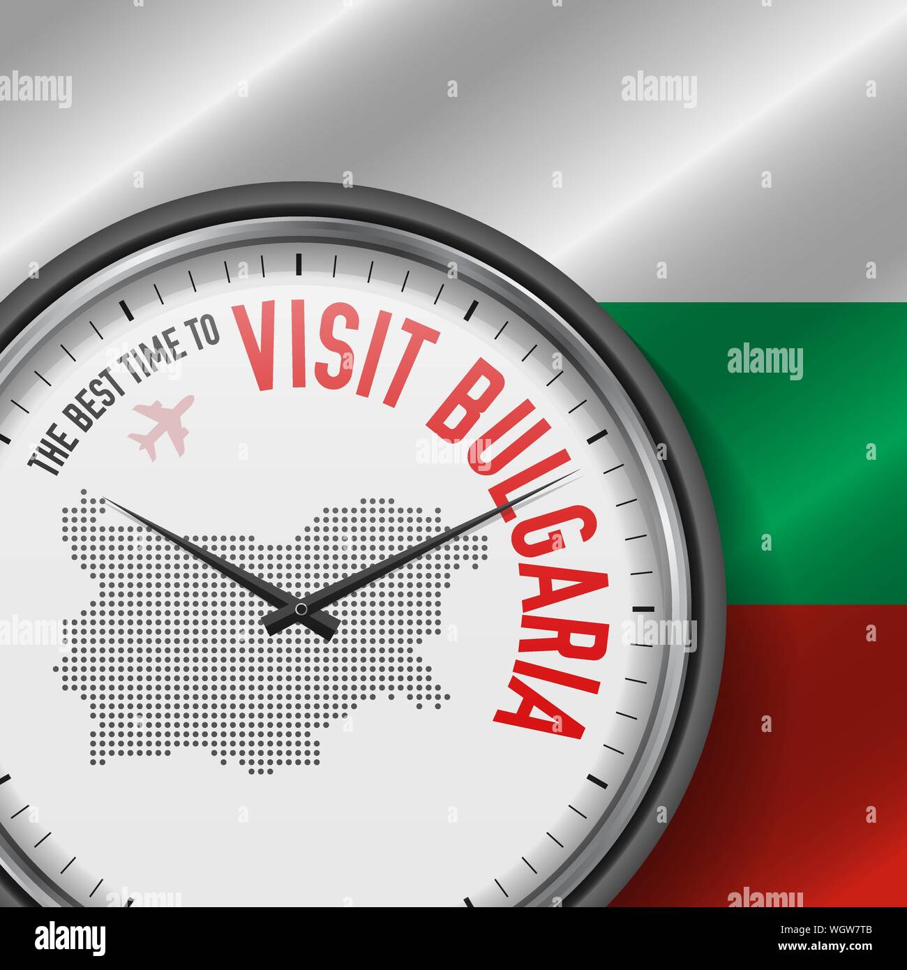 Il periodo migliore per visitare la Bulgaria. Viaggio in Bulgaria. Aria turistica volo. Sventola bandiera di sfondo e punti mappa Pattern sul quadrante. Illustrazione Vettoriale. Illustrazione Vettoriale