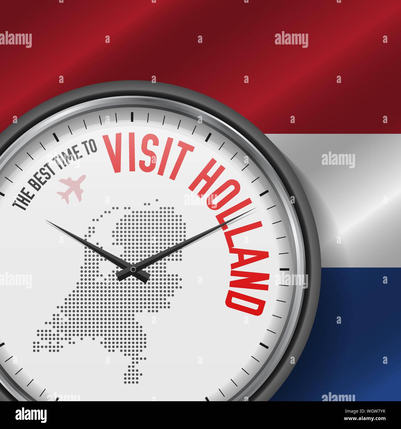 Il periodo migliore per visitare l'Olanda. Viaggio in Olanda. Aria turistica volo. Sventola bandiera di sfondo e punti mappa Pattern sul quadrante. Illustratio vettore Illustrazione Vettoriale